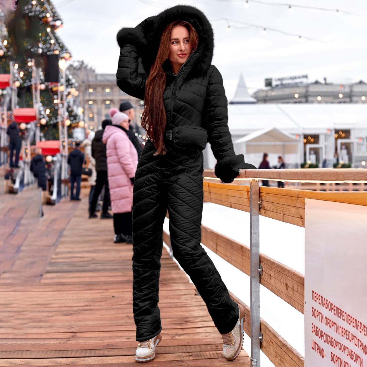 Traje de esquí para mujer de una pieza, traje de nieve con cinturón, guantes, mochila, mono de esquí con capucha, mono largo con cremallera, resistente al agua, esquí.