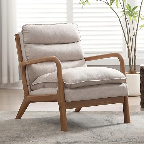 Miniatura 24 de INZOY - Sillón decorativo de mediados de siglo con estructura de madera, tapizados, para sala de estar, con cojín para la cintura, sillón de lectura