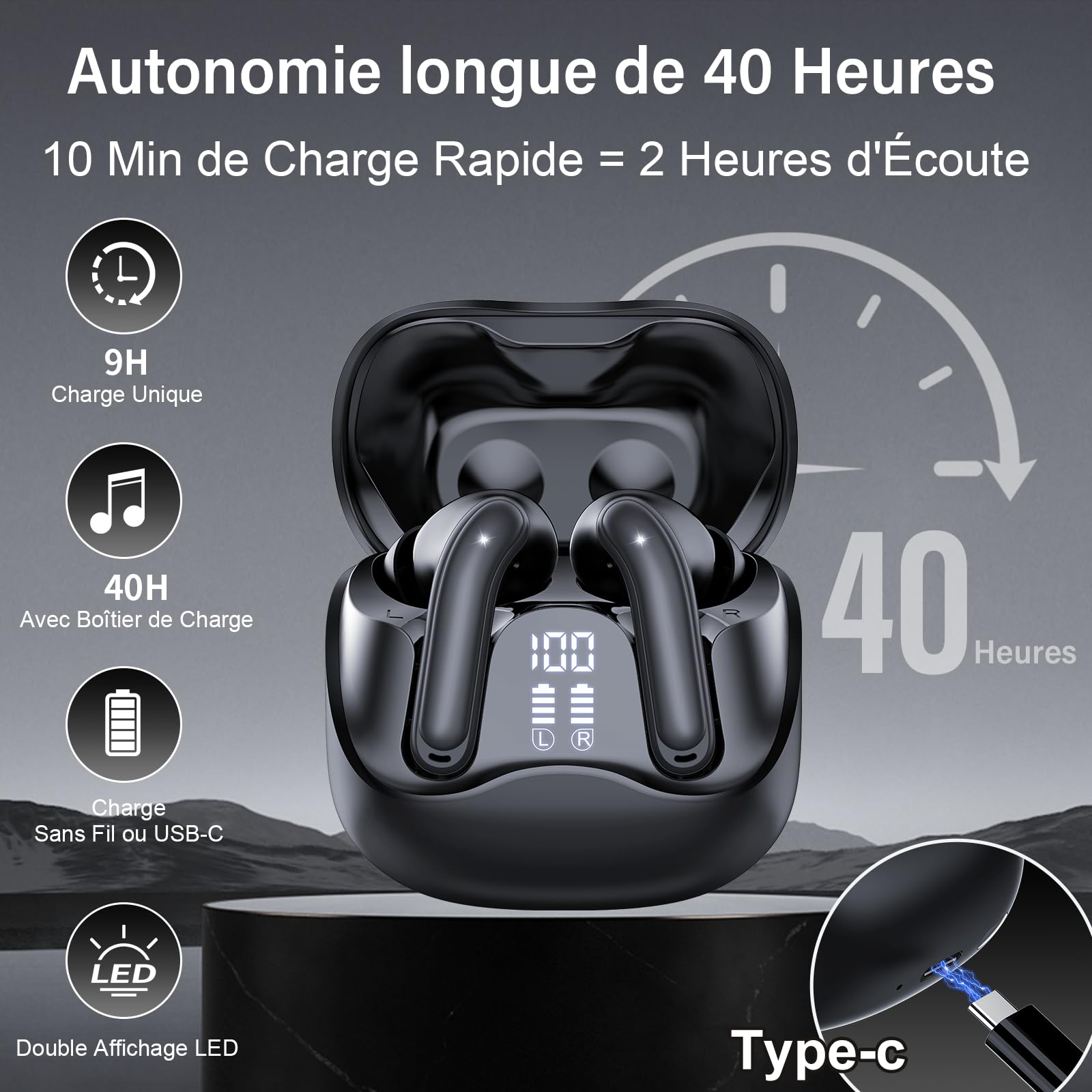 Écouteurs sans Fil Bluetooth 5.4 avec Réduction de Bruit Hybride, Hi-Res Son Stéréo, 6 Micros, 49H Autonomie, Charge sans Fil