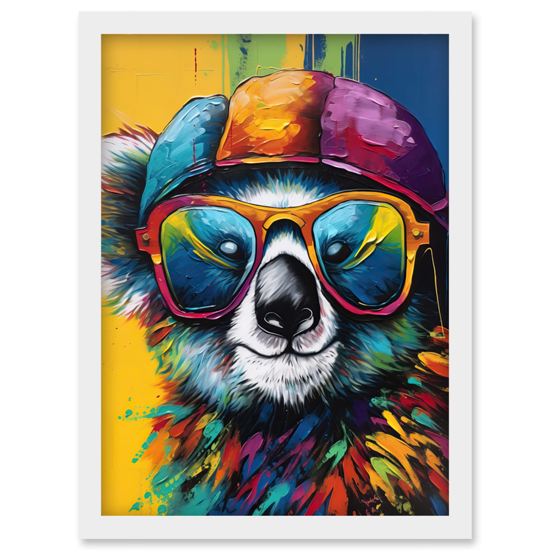 Rainbow Koala Bear with Sunglasses and Hat Modern Framed Art Picture Print A4