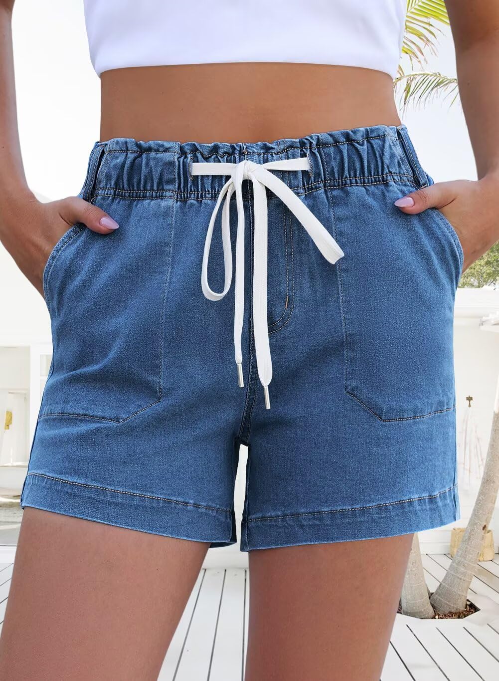 FEKOAFE Womens Stretchy Denim Shorts 2026 Summer Casual Drawstring Elastic Waist Jean Shorts with Pockets（S-XL）