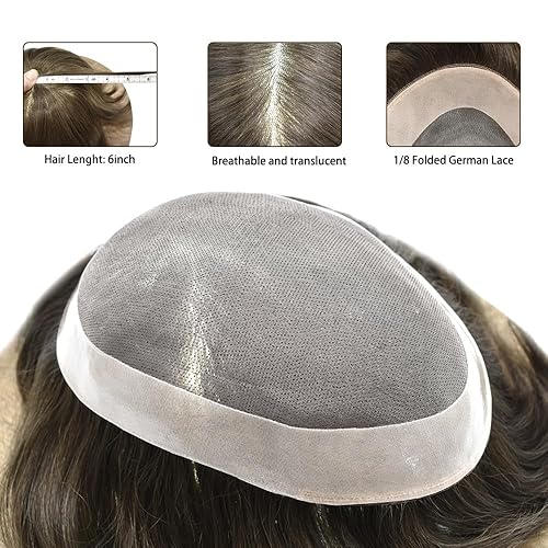 Miniatura 6 de Toupee - Sistema de reemplazo de cabello humano para hombre, encaje mono fino para hombre, tupé NPU polivinílico piel alrededor duradero para