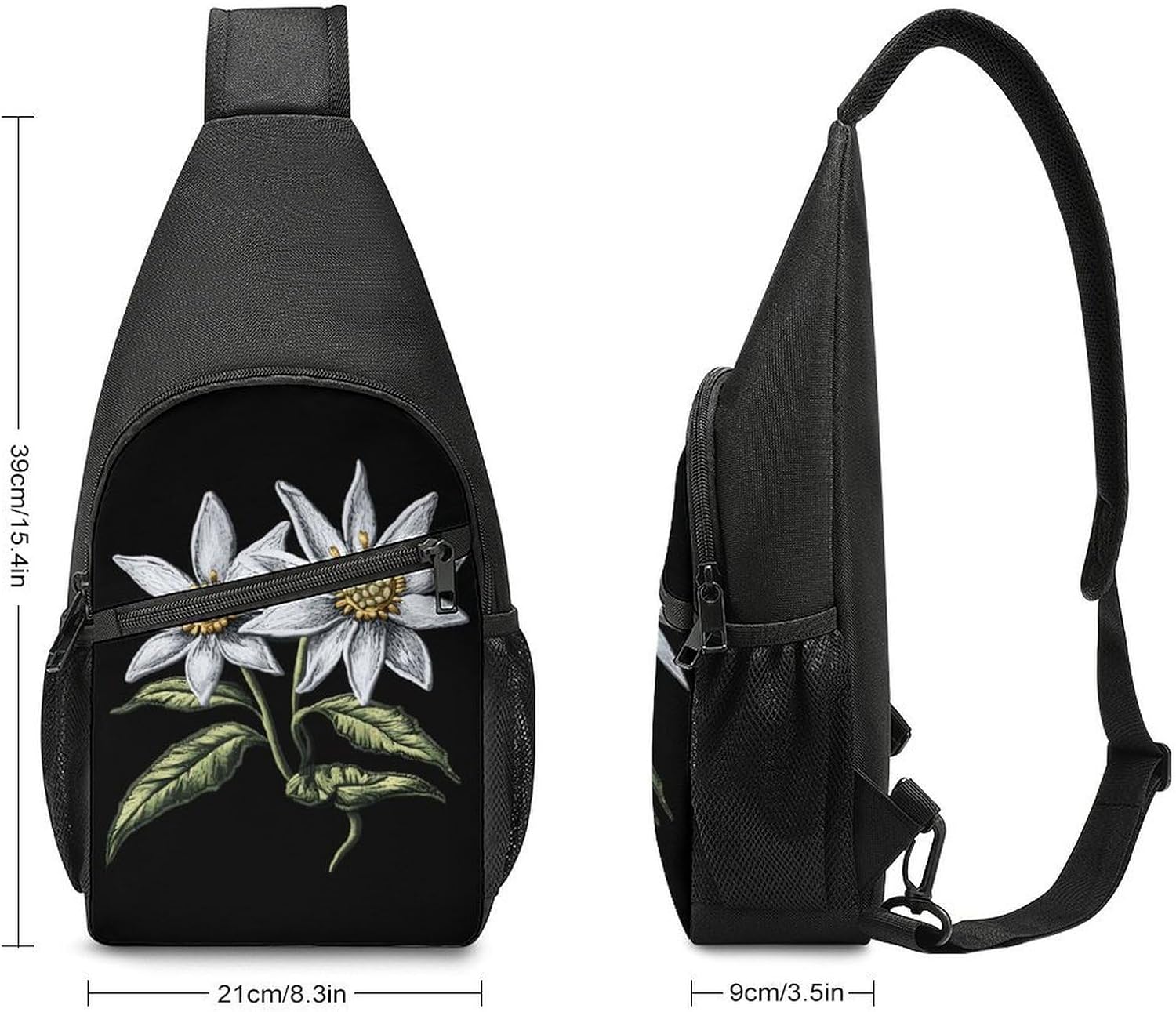Edelweiss Flower with Leaves Crossbody Sling Backpack Chest Bag Daypack | unisex,trendy,with convertible and detachable shoulder strap,side pockets