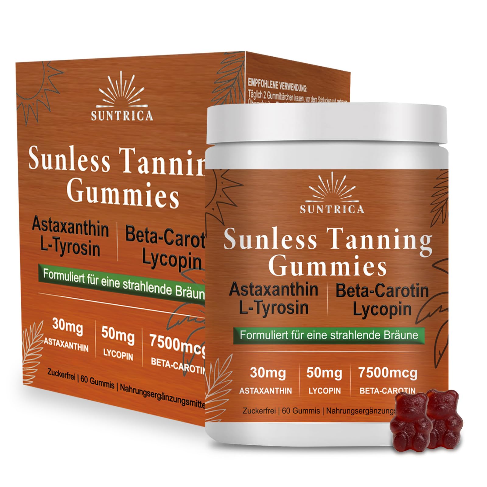 Sunless Tanning Gummies - Ositos autobronceadores y bronceadores de goma con beta caroteno, astaxantina y L-teanina – Natural Shine Brown Tez sin UV – 60 unidades