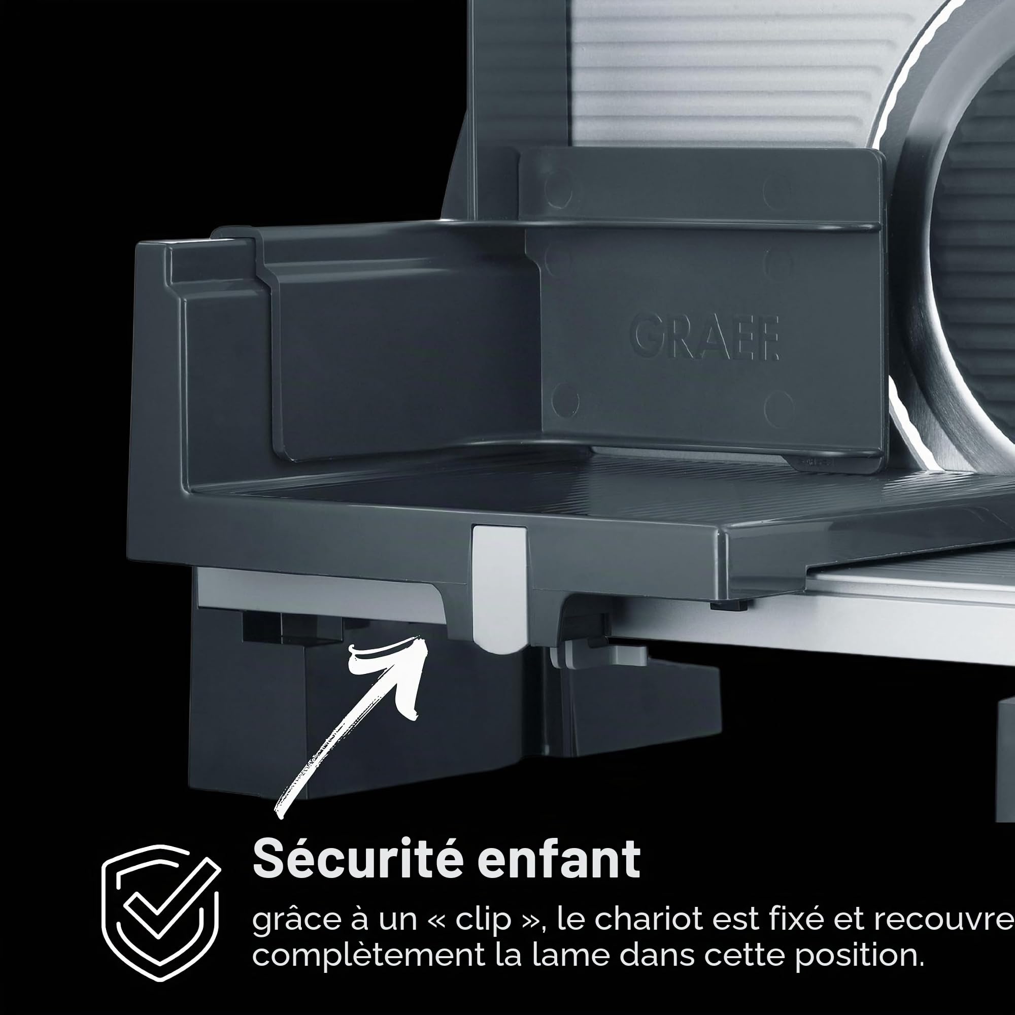 GRAEF G50 - Trancheuse universelle électrique, lame ondulée en acier inoxydable Ø 170 mm, épaisseur de coupe 0-20 mm, sécurité enfants