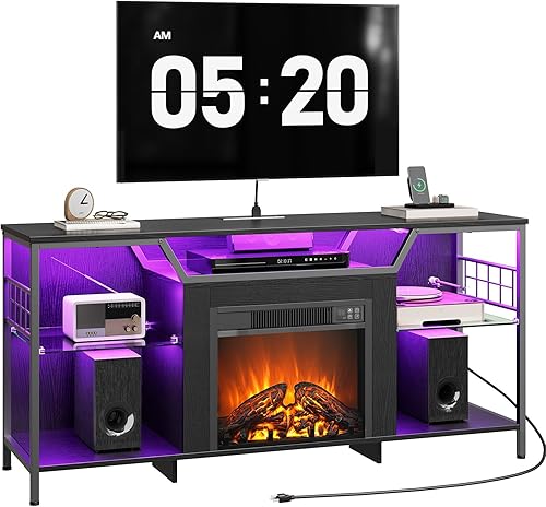 Miniatura 6 de HOOBRO Soporte de TV con chimenea con luces LED, soporte de TV eléctrico con chimenea con estación de carga, centro de entretenimiento con chimenea,