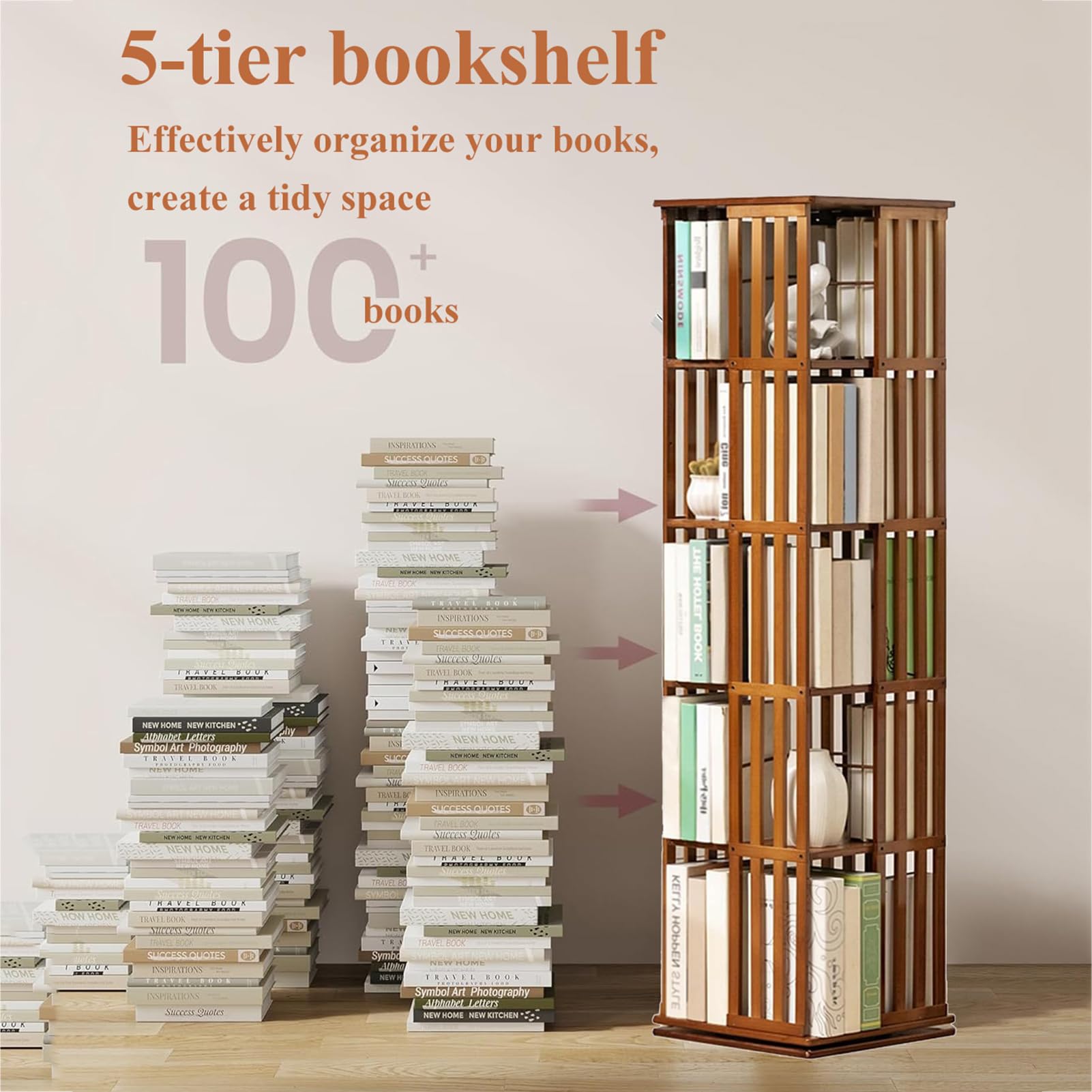 Drehbares Bücherregal aus Bambus – 5 Ebenen 360° Rotationsregal, platzsparendes Standregal für Schlafzimmer, Wohnzimmer & Arbeitszimmer (37x37x149cm)