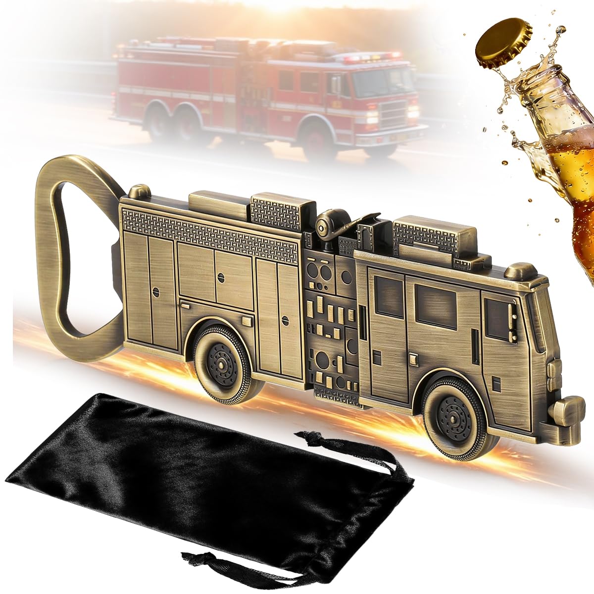 LULLEA Fire Engine Bottle Opener – Novelty Firefighter Gifts for Men, Dad, Grandad – Bronze Firefighter Bar Tool with Gift Bag – Ideal for Birthday, Father’s Day, Christmas, BBQ, Camping