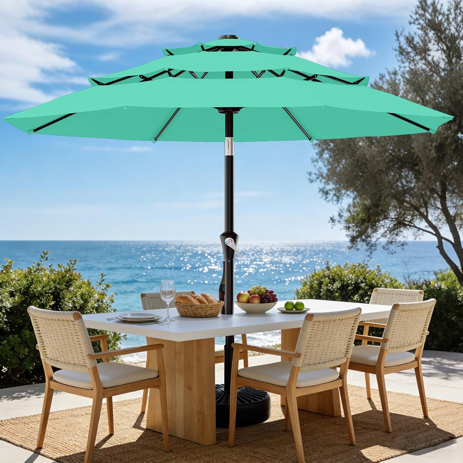 areshark 9ft 3-tier patio umbrellas, outdoor umbrella with 8 sturdy ribs uv protection windproof, market table umbrella w/push button tilt & crank for pool, porch, deck, garden(turquoise)