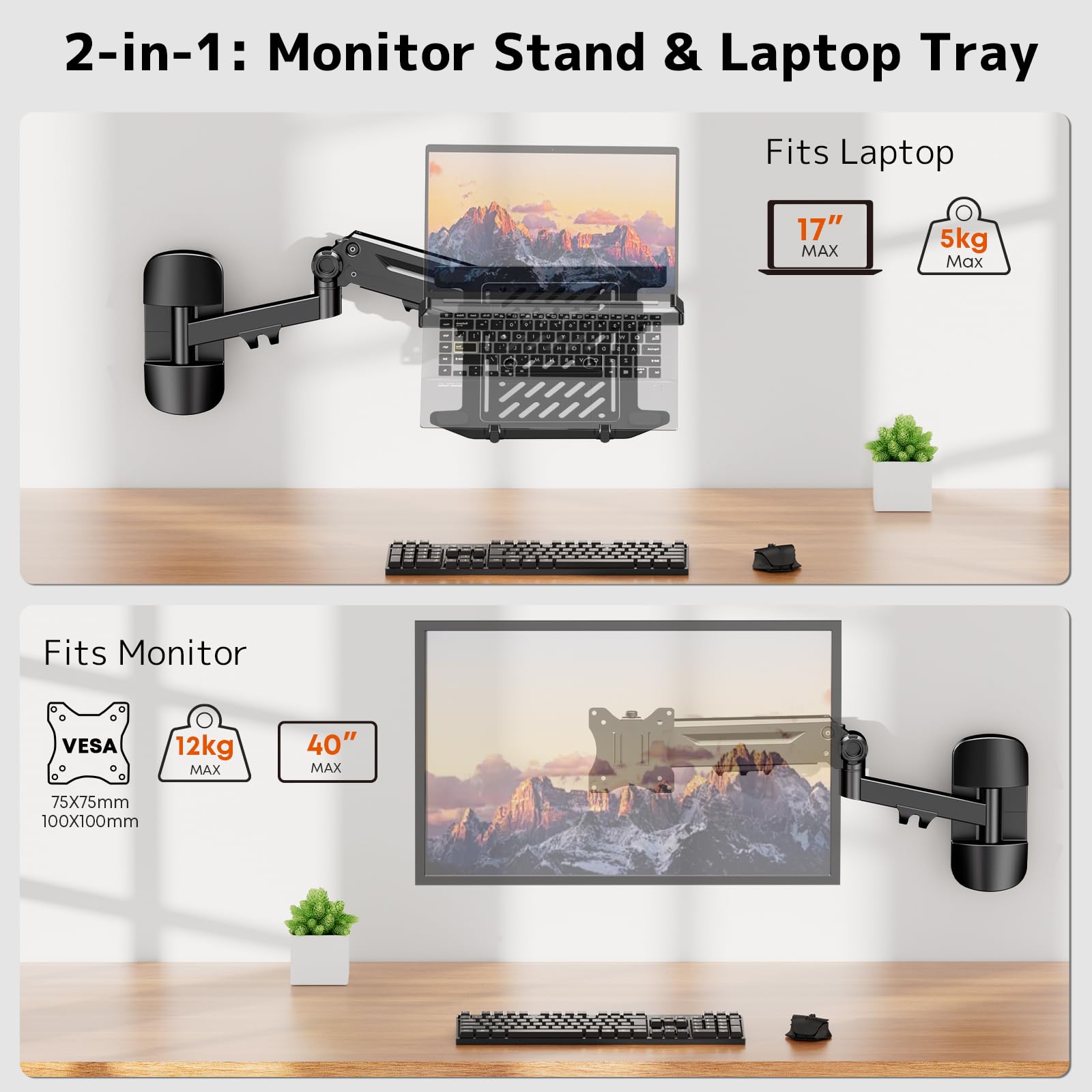 PUTORSEN Supporto da parete per computer portatile 2 in 1, braccio con molla a gas per notebook da 10-17 pollici e schermo da 17 a 40 pollici, movimento completo, supporta 1-12 kg (nero)