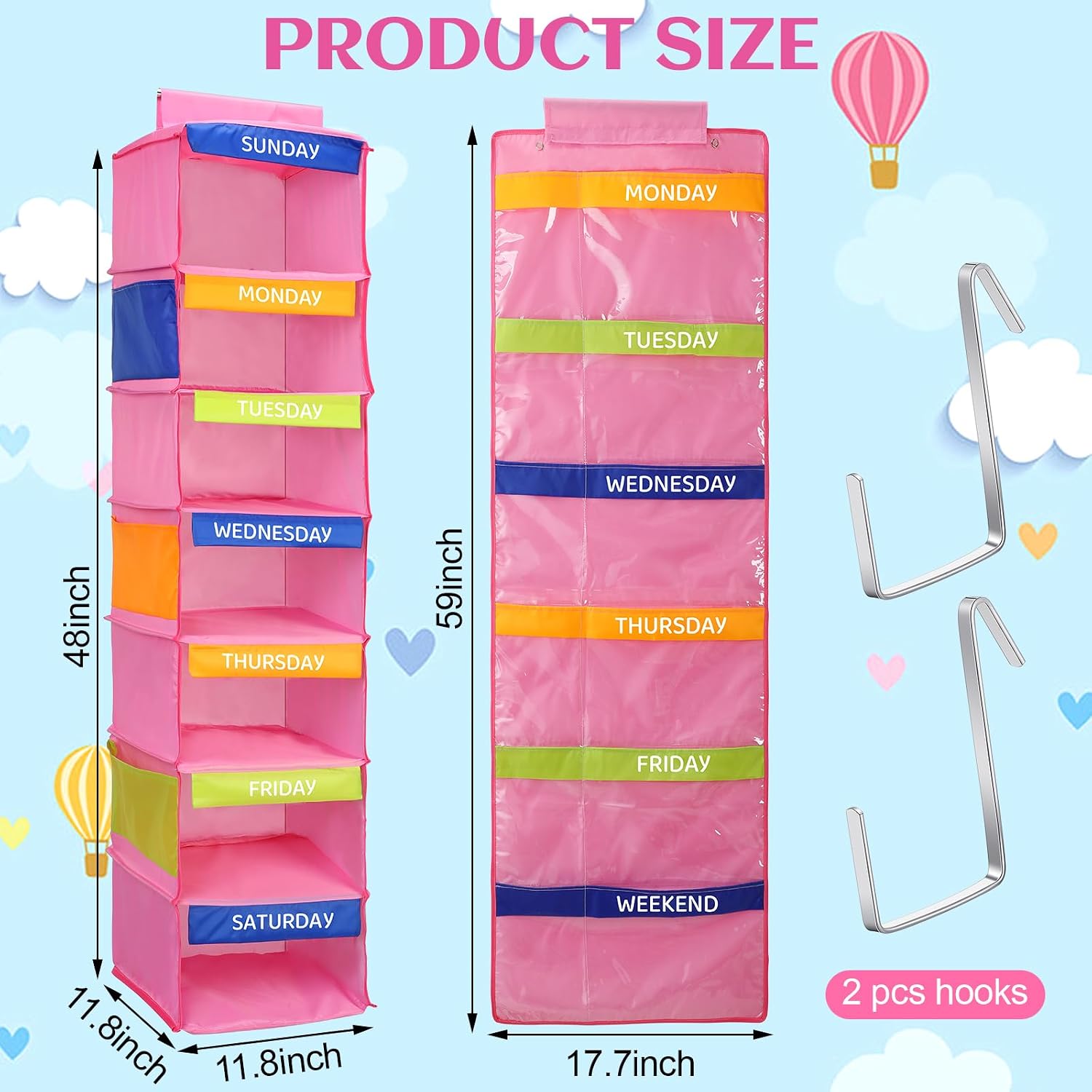 Woanger 2 Pcs Weekly Hanging Clothes Organizer for Kids 11.8 x 11.8 x 48 Inches Shelf Daily Activity Kids Clothes Storage Organizer Hanging Cube Clothing Shoe Storage School Organization(Pink)