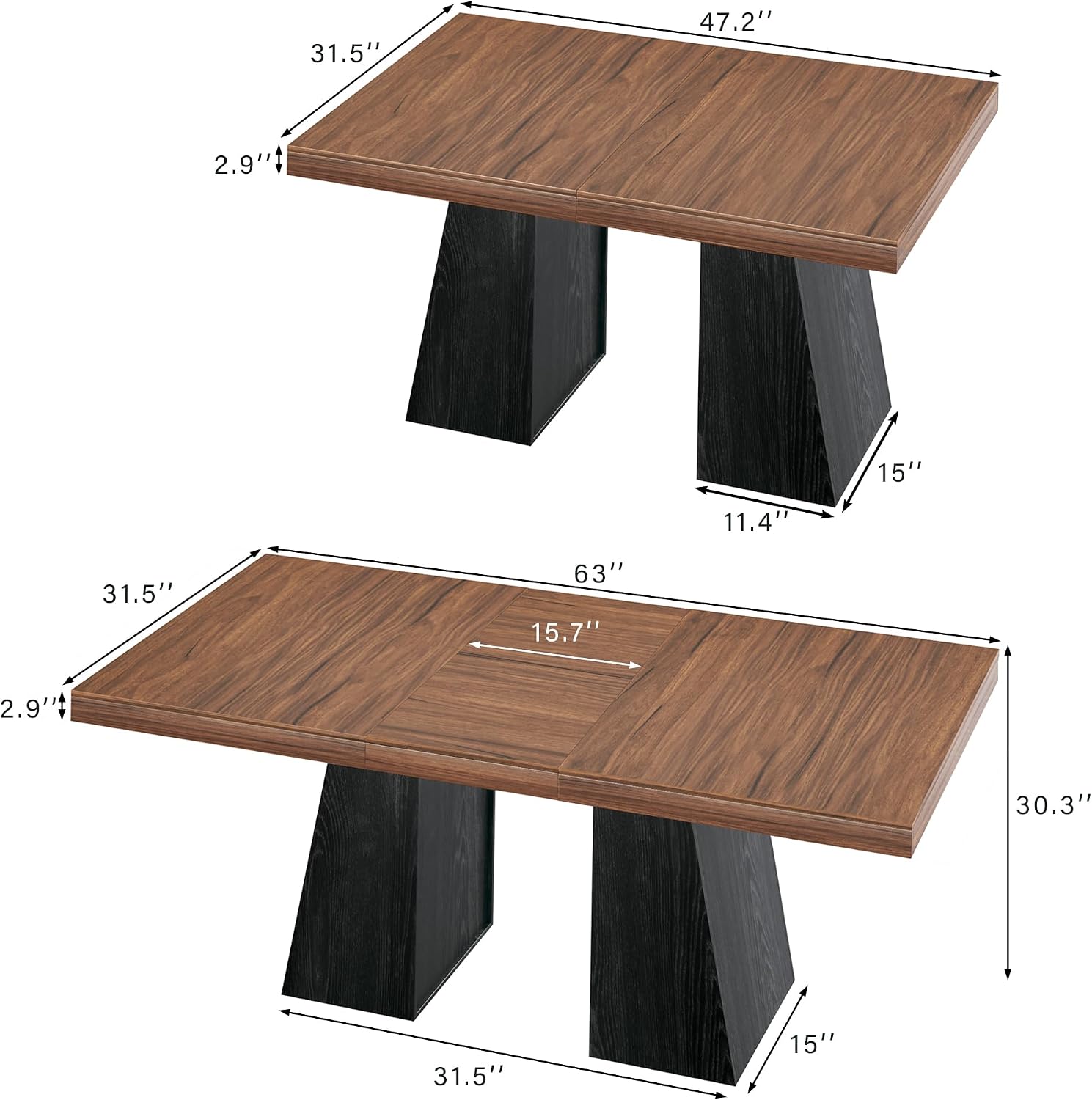 HUAHUU 63" Extendable Rectangle Dining Table for 6-8, Wooden Table