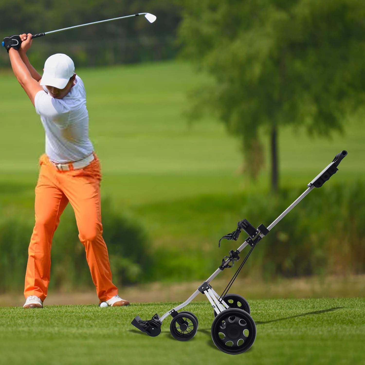 Adjustable 3 Wheel Golf Push Pull Cart - Lightweight 33-44lbs Trolley with Foot Brake, Durable Metal Frame for Golf Courses, Gyms & Schools - 59x43 Inch Design