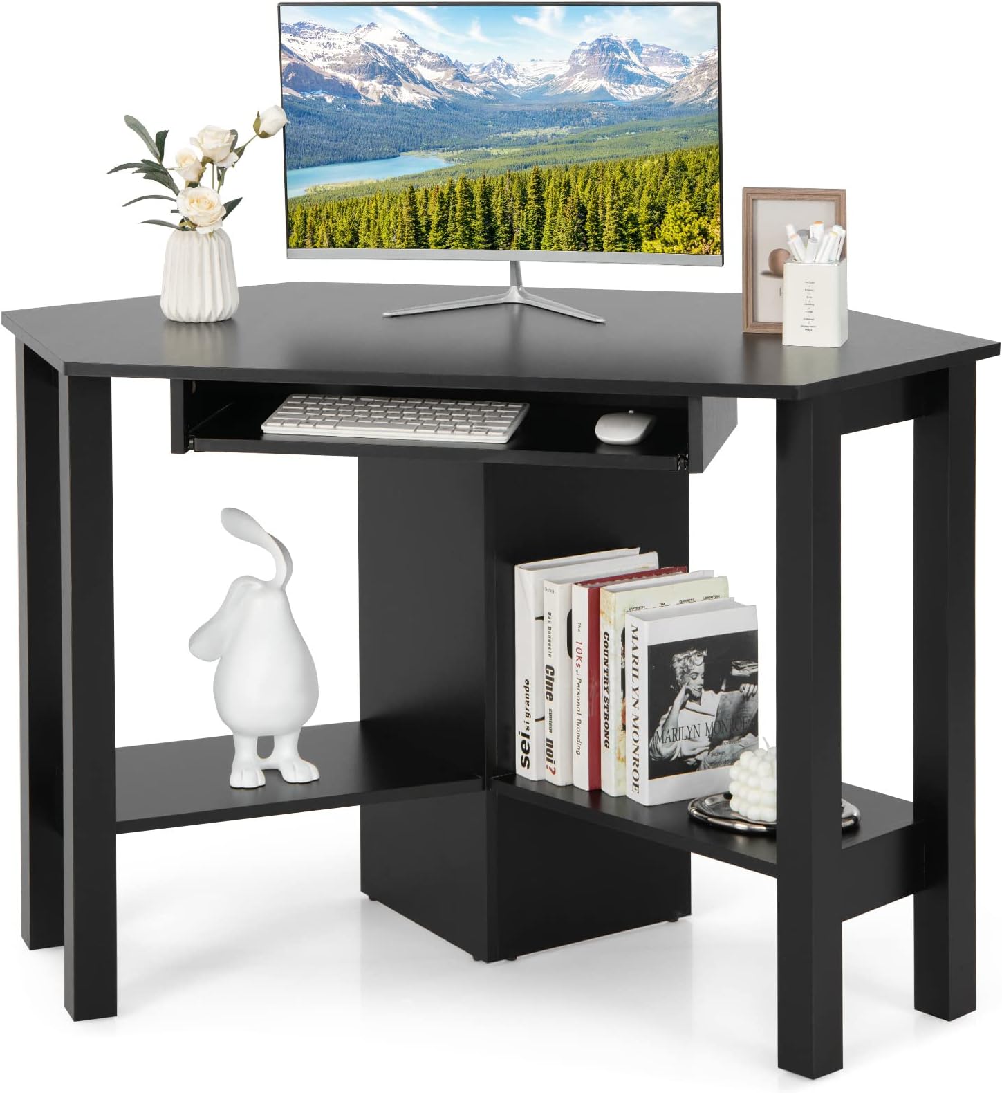 Tangkula Corner Desk with Keyboard Tray, Triangle Corner Computer Desk for Small Space, Bedroom Corner Makeup Vanity Desk with Storage Shelves, Space Saving Corner Writing Desk