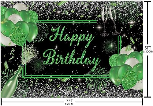 Miniatura 5 de Telón de fondo de feliz cumpleaños de 7 x 5 pies para mujeres y hombres, globos de champán con purpurina verde para fotografía de cumpleaños,