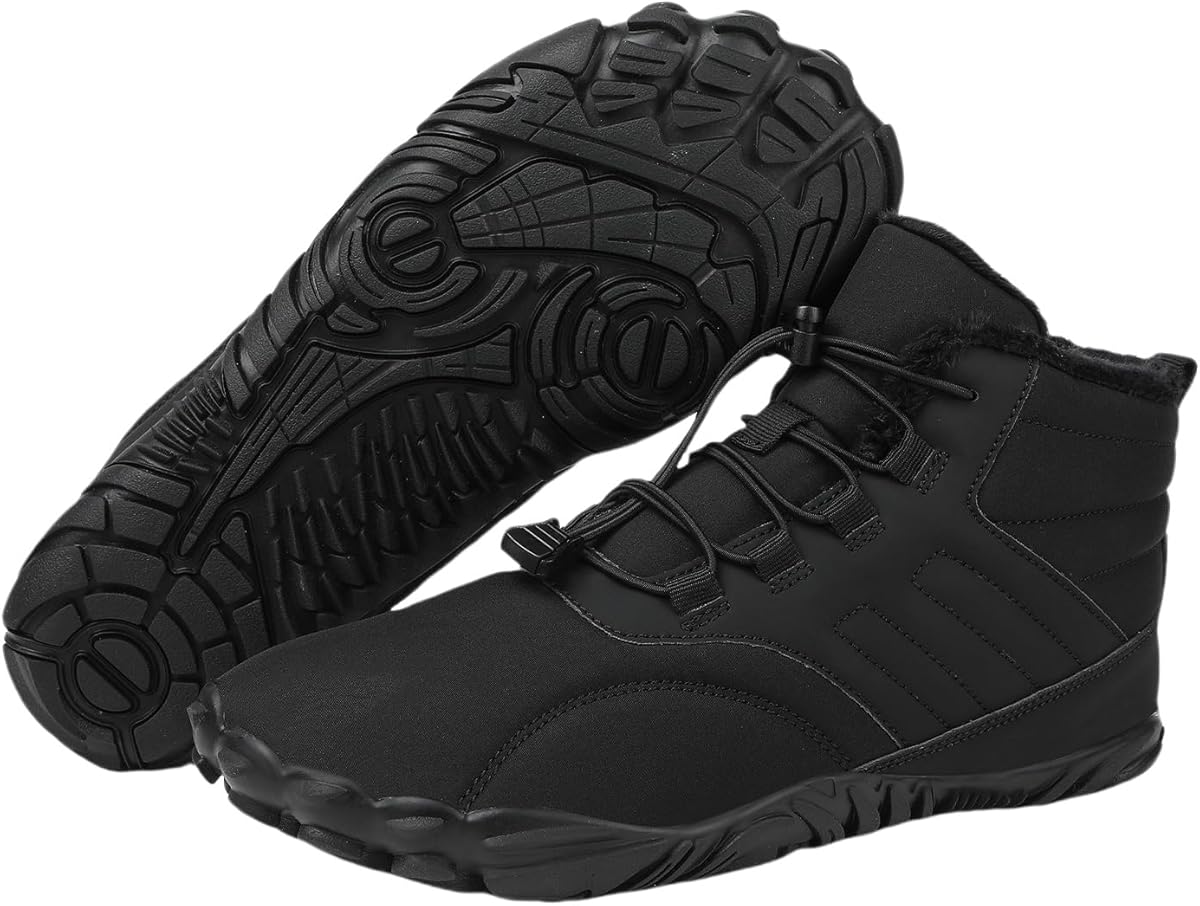 Mens Winter Barefoot Hiking Boots Slip-On Warm Zero Drop Snow Boots with Wide Toe Box Ankle Bootie Cut Minimalist Waterproof Five-Finger Sneakers for Hiking Walking Outdoor Adventures Unisex Design