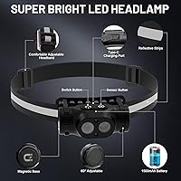 Vista 6 de Linterna frontal magnética recargable de alto lúmenes para camping, senderismo, espeleología, pesca, sensor de movimiento, impermeable, resistente a