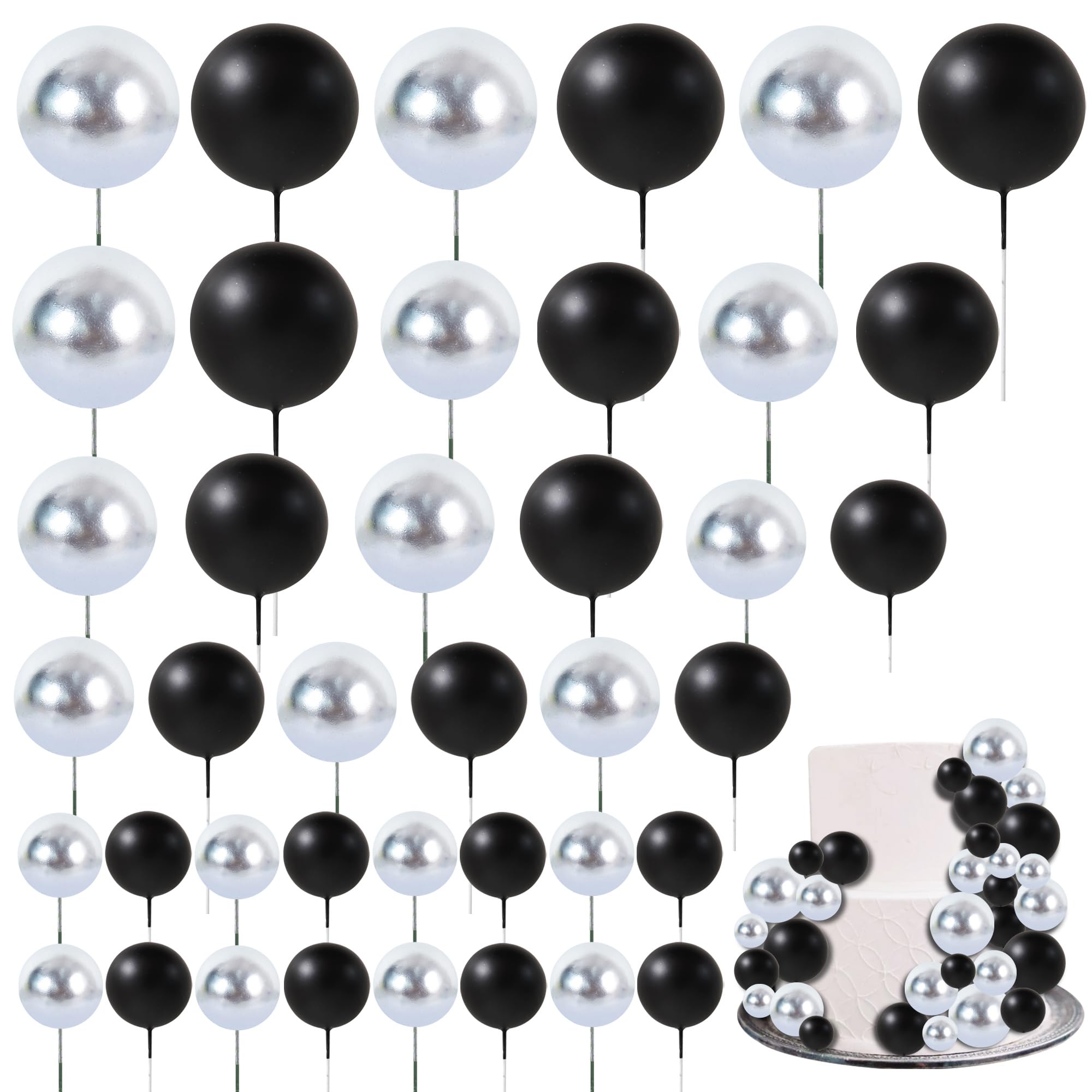 RIBBOOO 40 Pcs Ball Cake Toppers Insert Balls Cake Decorations Foam Balls Cake Toppers DIY Cake Ornament for Christmas Birthday Baking Graduation Anniversary and Wedding Party (Black Silver) — image 1