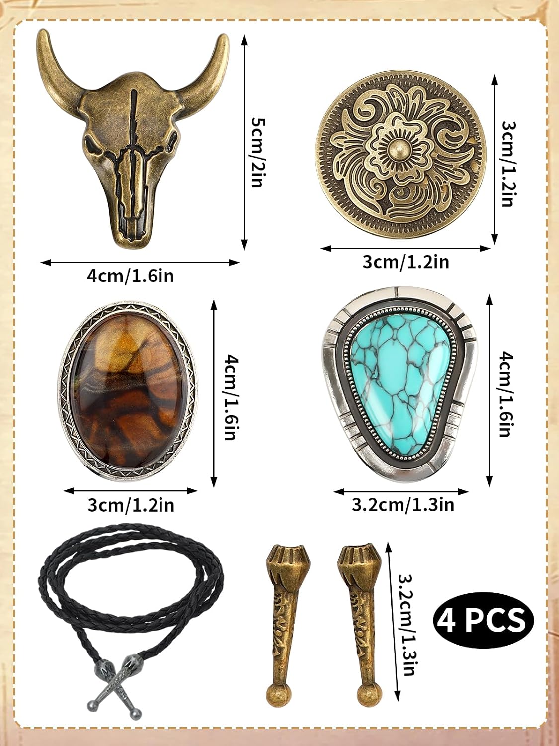 4 Pcs Bolo Tie for Men and Women Western Cowboy Tie Set with Pendants Adjustable Necklaces