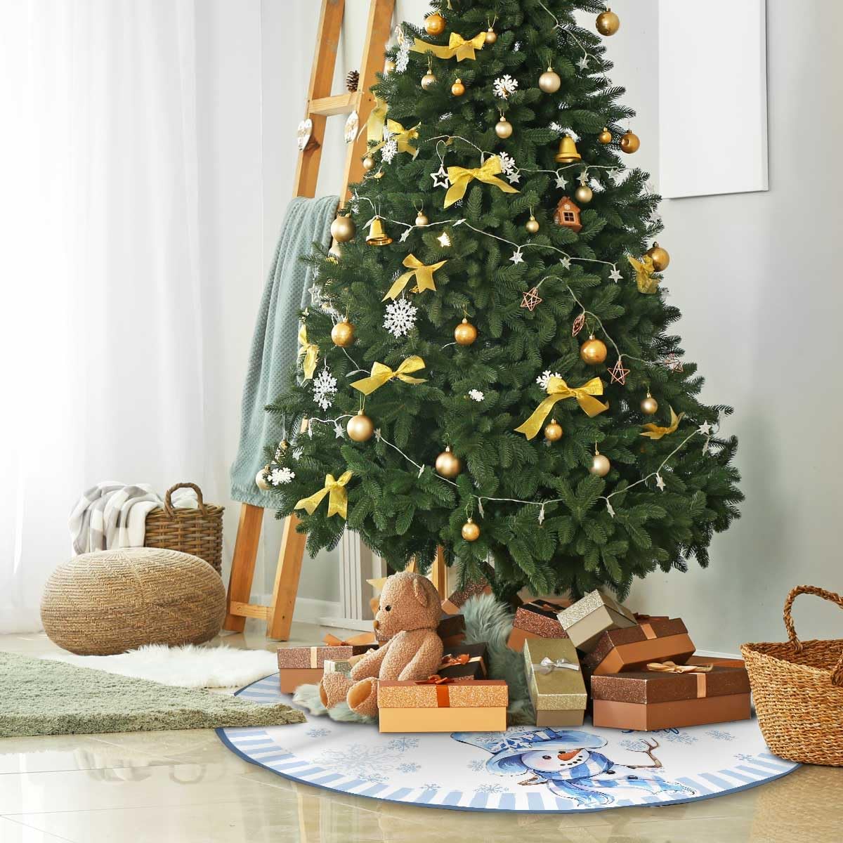 Let It Snow Snowman Christmas Tree Skirt 36 Inches, Blue Snowflake Tree Skirt, Winter Xmas Tree Mat for Home Party Holiday Indoor Outdoor Decorations (Blue, 36in)