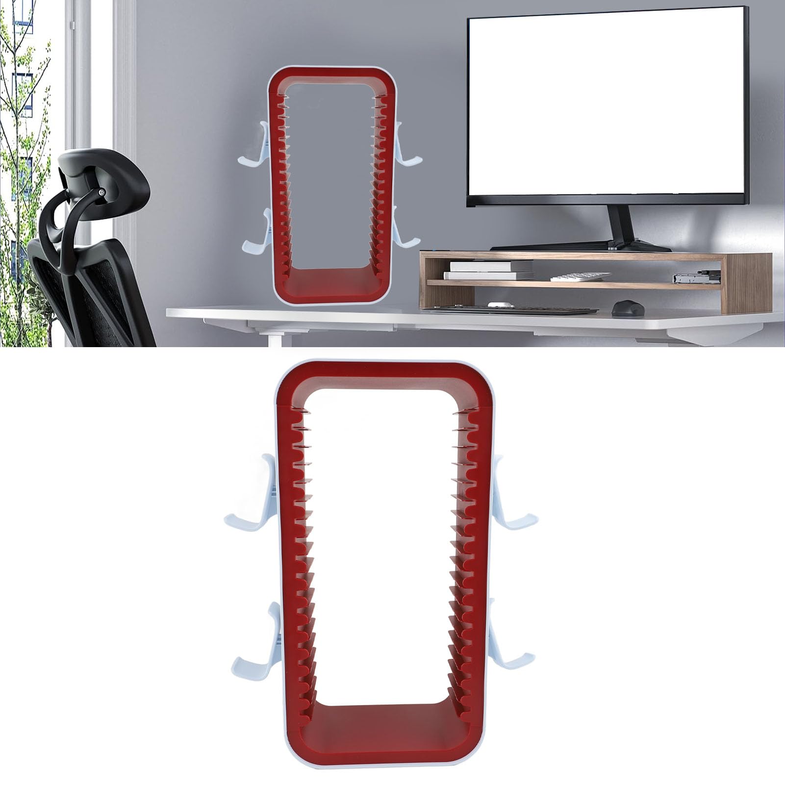Riuulity Torre de Almacenamiento de Discos de Juego Horizontal Vertical con Controlador, Soportes para Auriculares, Fácil Montaje para Organizador de Juegos (rojo)