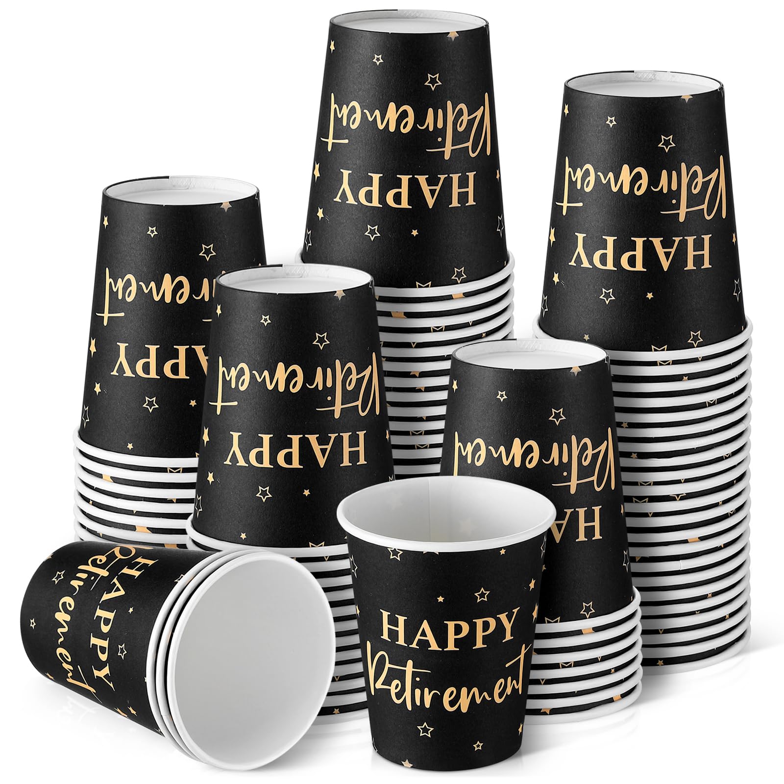 50 Pcs Happy Retirement Paper Cups 9 oz Retirement Disposable Coffee Cups Black Gold Paper Cups for Hot Cold Drinks Happy Retirement Party Decorations Supplies Favors