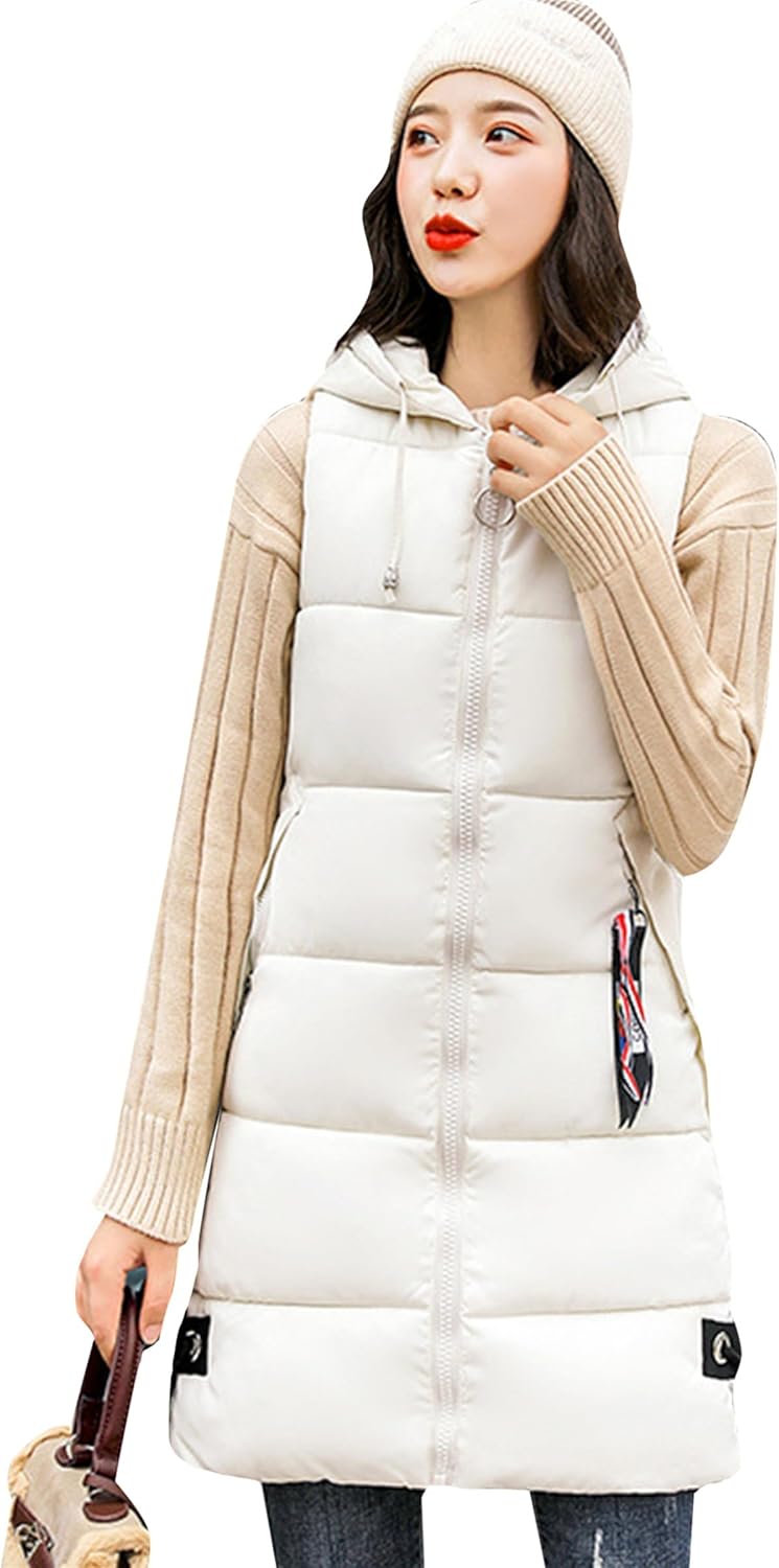 TYQQU Long Puffer Vest for Women Sleeveless Hooded Puffer Jacket Lightweight Quilted Winter Warm Zip Up Coat
