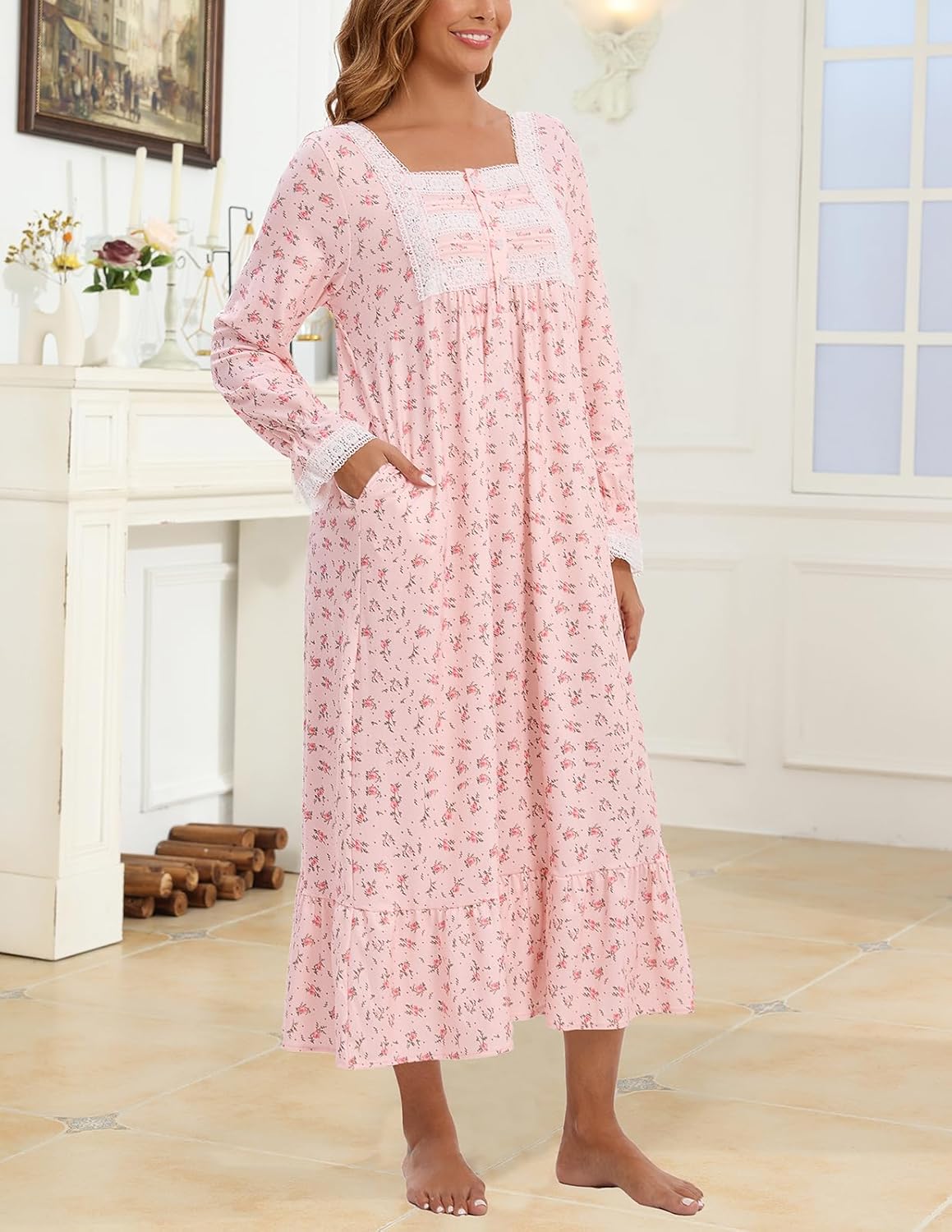Rubehoow Women's Nightgown Victorian Nightwear Long Sleeve Vintage Pajama Dress Soft Cotton Loungewear with Pockets