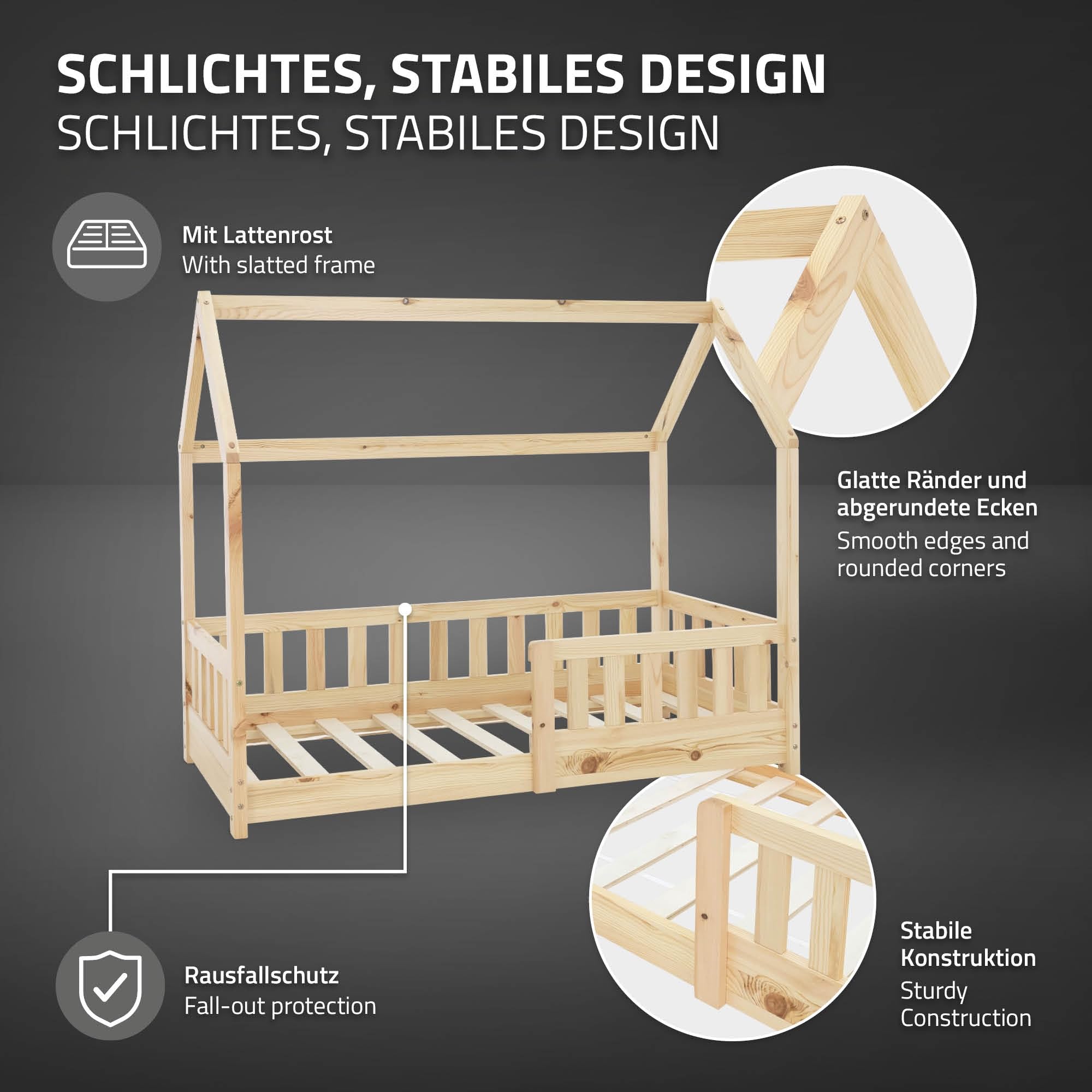 ML-Design Lit Cabane Enfant 70x140 cm Naturel en Bois Massif avec Protection Contre la Chute, Toit et Sommier à Lattes, Style Maison, Couchage Maisonnette Barrière de Sécurité pour Fille Garçon