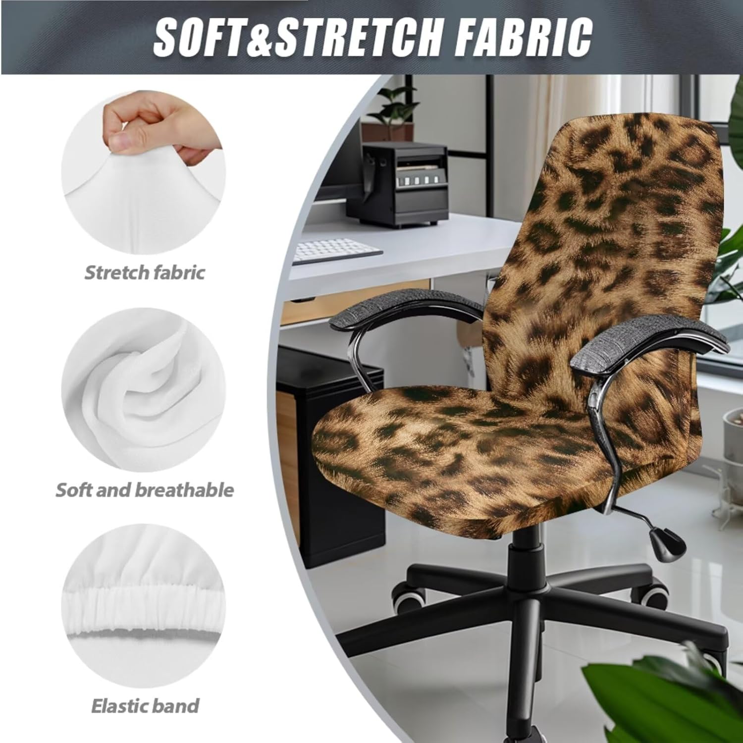 Brown Leopard Print Office Chair Cover Set of 3, Removable Computer Chair Covers Breathable Rotating Chair Slipcovers Water Resistant High Back Seat Cover with Armrest Cover, Large