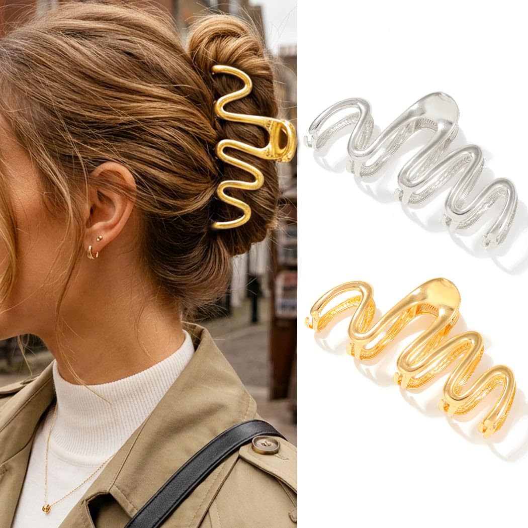 Hair Claw Clips Gold Metal Clip Claws Large Hair Claws Nonslip Hair Accessories for Women and Girls (Pack of 2)