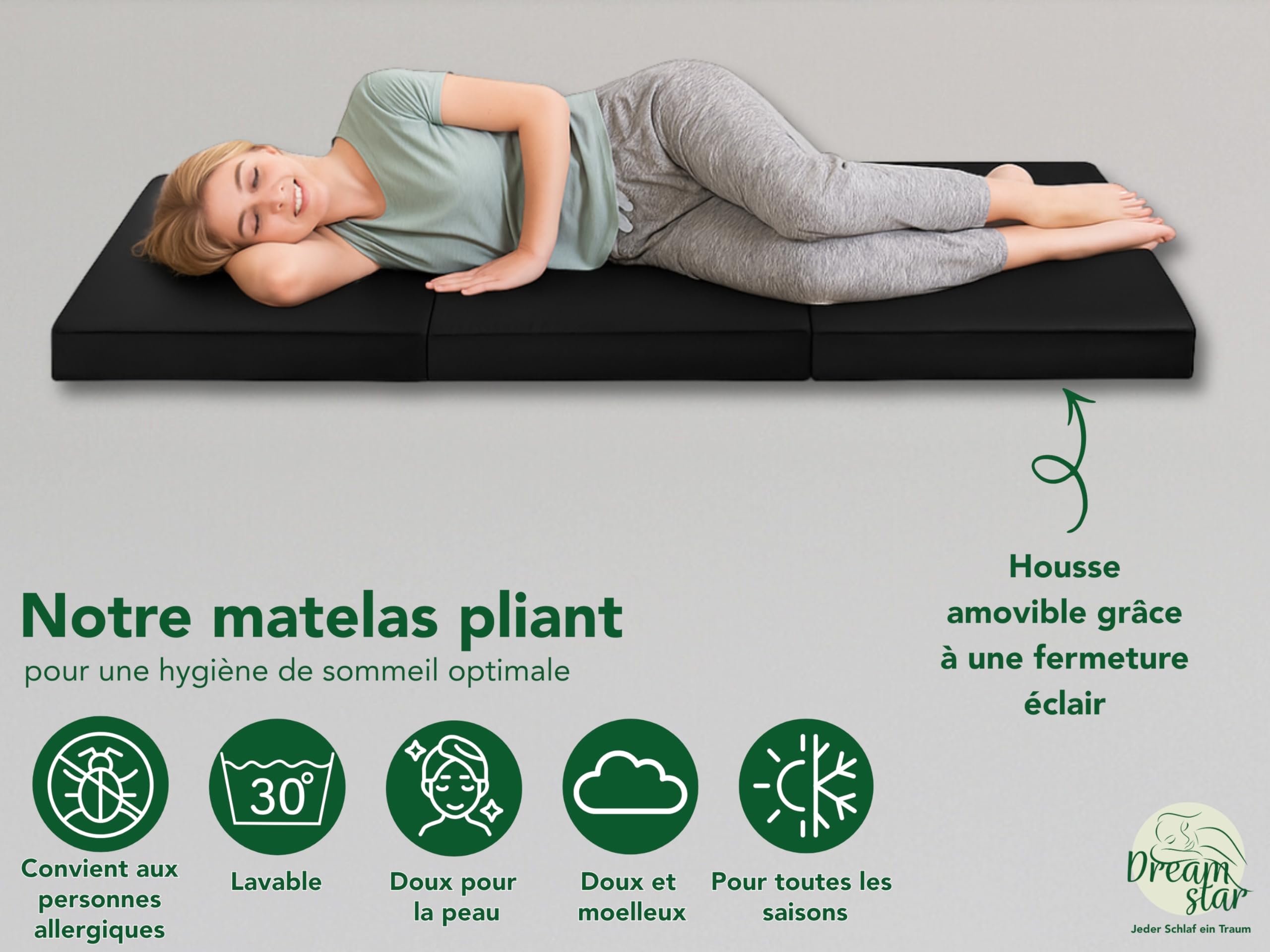 DREAMSTAR Easy Night, Matelas d'appoint pliable en 3 pièces, 7 cm de haut, 30 nuits d'essai de sommeil, Certifié Oeko-Tex, Matelas pliant noir, 60 x 190 cm