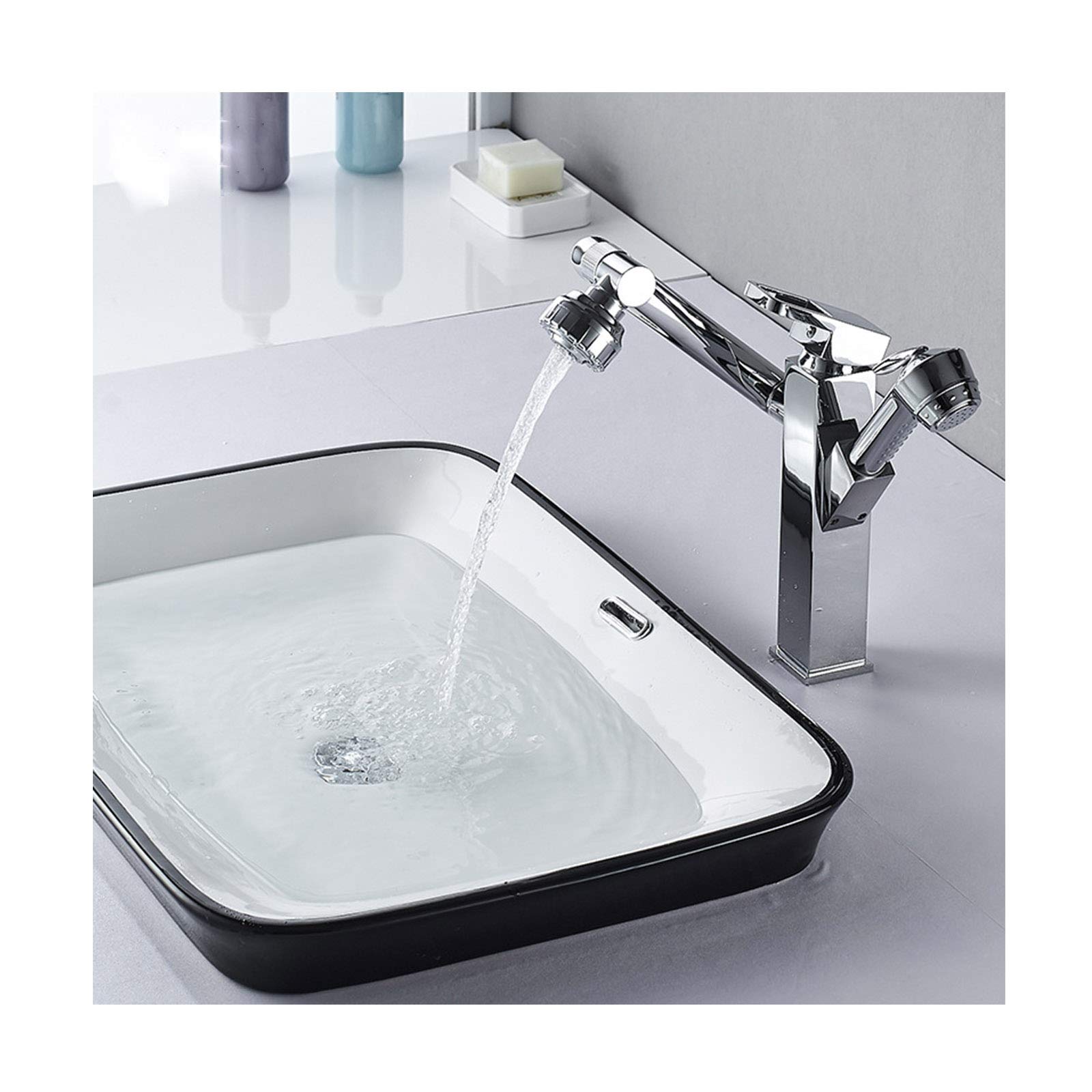 Mitigeur de salle de bain rotatif anti-éclaboussures avec douchette extractible eau chaude