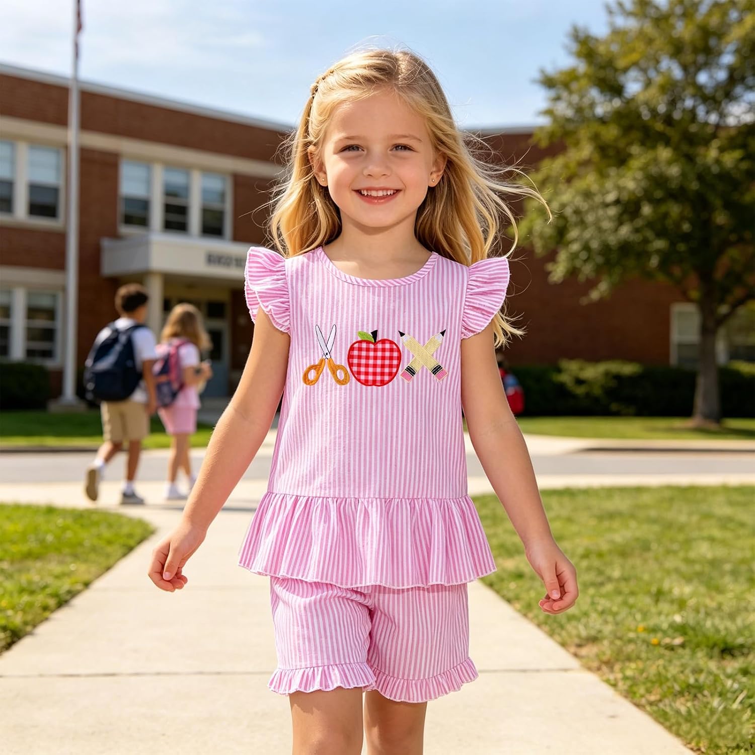 IZYJOY Girl Back to School Outfit Kids First Day of School Outfits Cute Ruffle Sleeve Striped Embroidery Set Summer Clothes