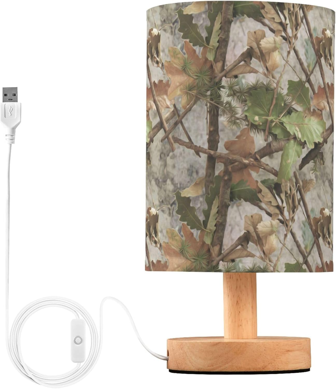 Table Lamp Forest Camouflage Tree Oak Leaves Camo Nightstand Lamp with Wood Base Fabric Lamp Shade Bedside Desk Lamp for Living Room Bedroom Kids Room Office