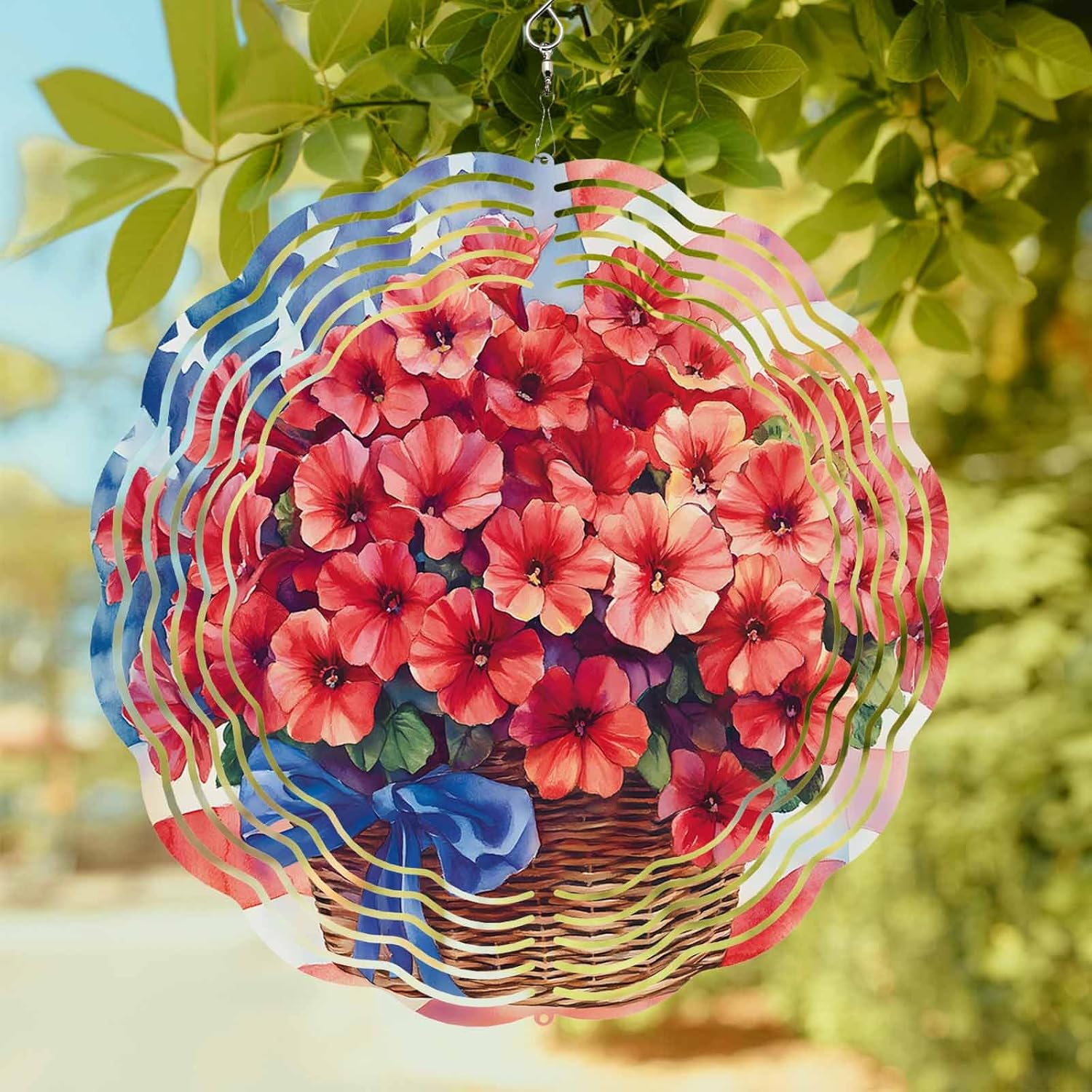 4th of July Begonia Flower Wind Spinner for Garden Yard 3D Stainless Steel Hanging Wind Spinners, Vintage USA Flag Oil Painting Spinners Outdoor Metal Decor for Lawn Patio Home