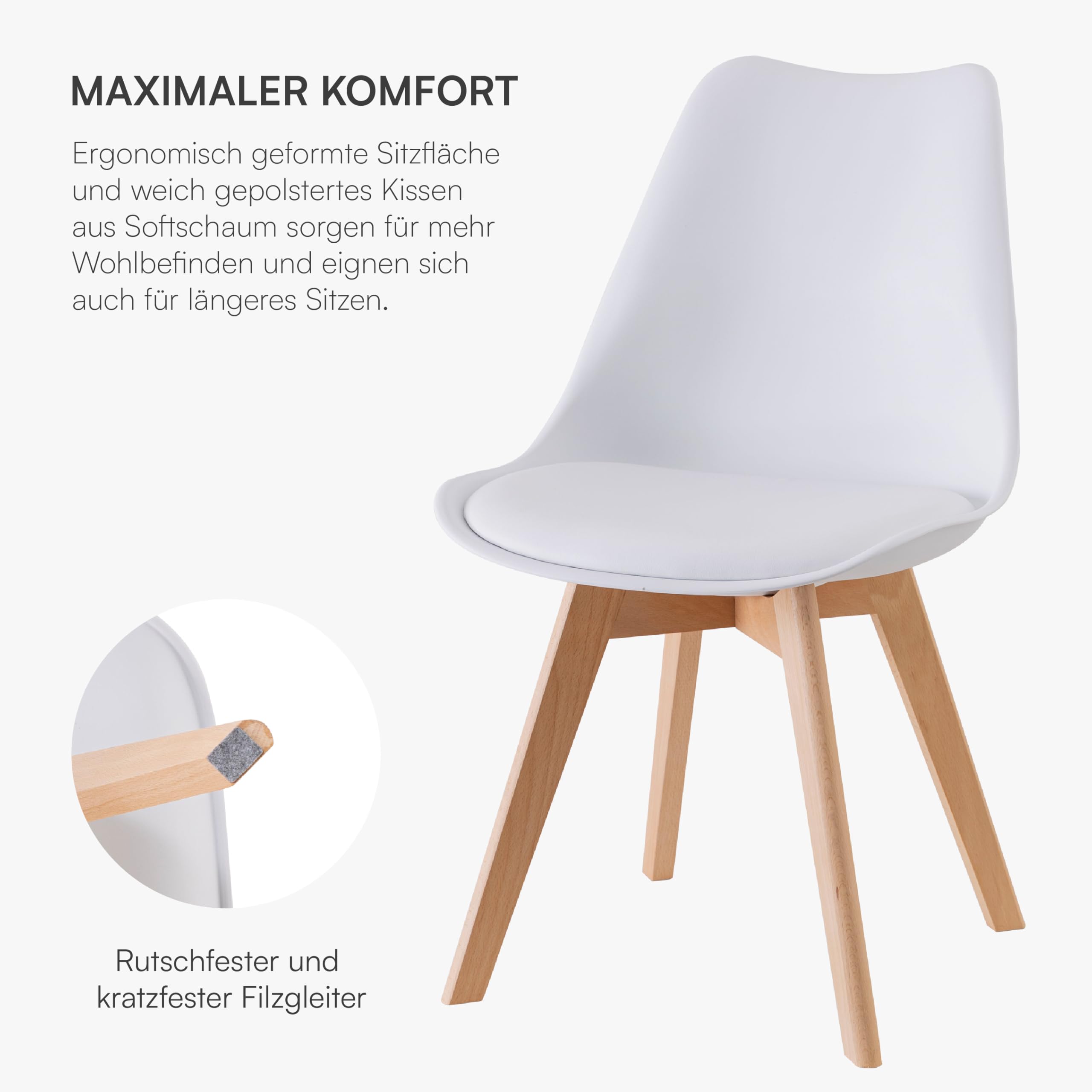 Baroni Home ESS- oder Bürostuhl mit Holzbeinen aus Buche, Ergonomischer Kunststoffstuhl mit integrierten Kissen, 50X48X82 cm (Weiß, 4)