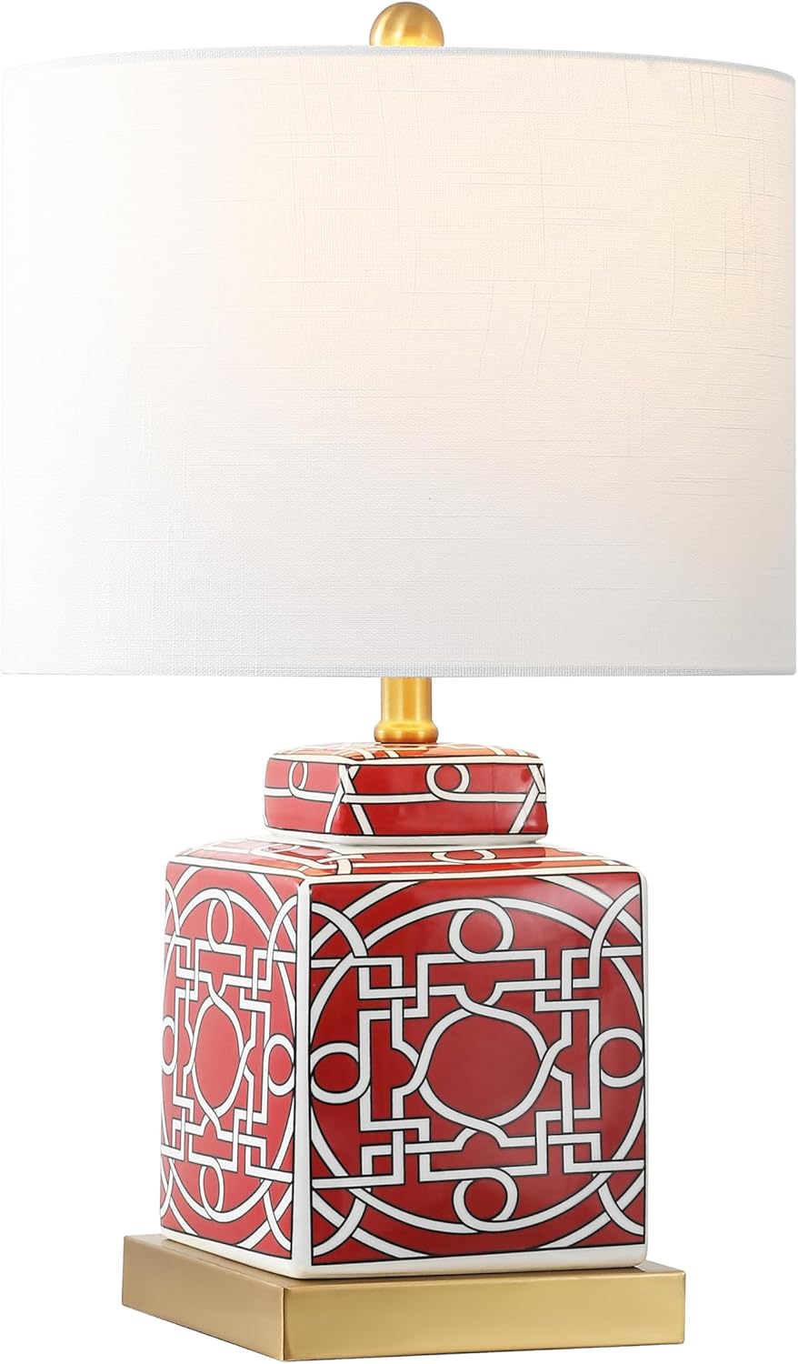 JONATHAN Y 22" Red/White Modern Ceramic Ginger Jar Table Lamp for Nightstand, Square Lattice Transitional Chinoiserie Lamp for Living Room, White Linen Shade, LED Bulb (JYL3044B)