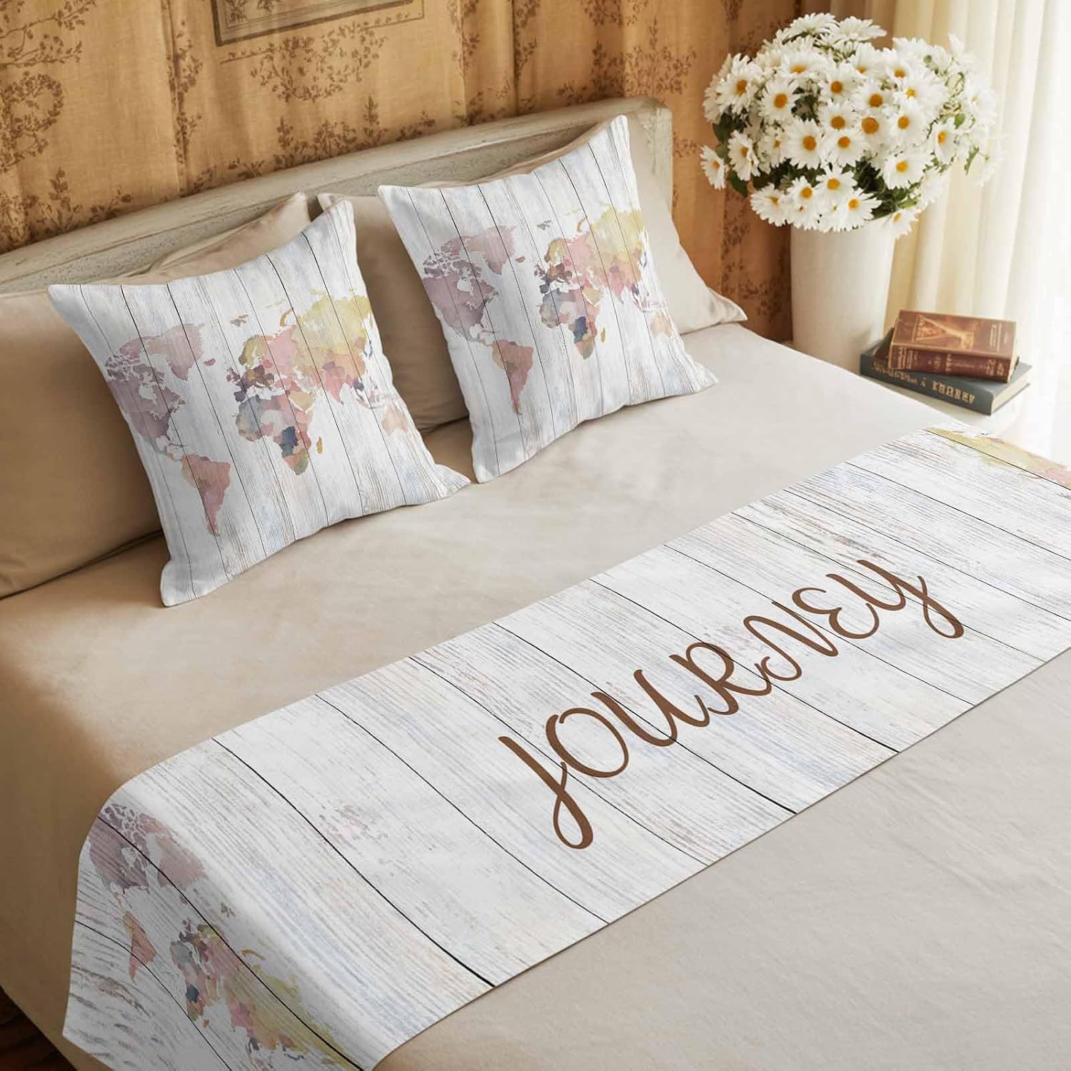 Queen Size Bed Runner Set 83 x 20 inch Maps of The World Bed Runners with 2 Matching Pillow Covers, Retro Earth Tourism Map Grey Wood Grain Throw Pillowcases Bedding Scarf for Bedroom Hotel