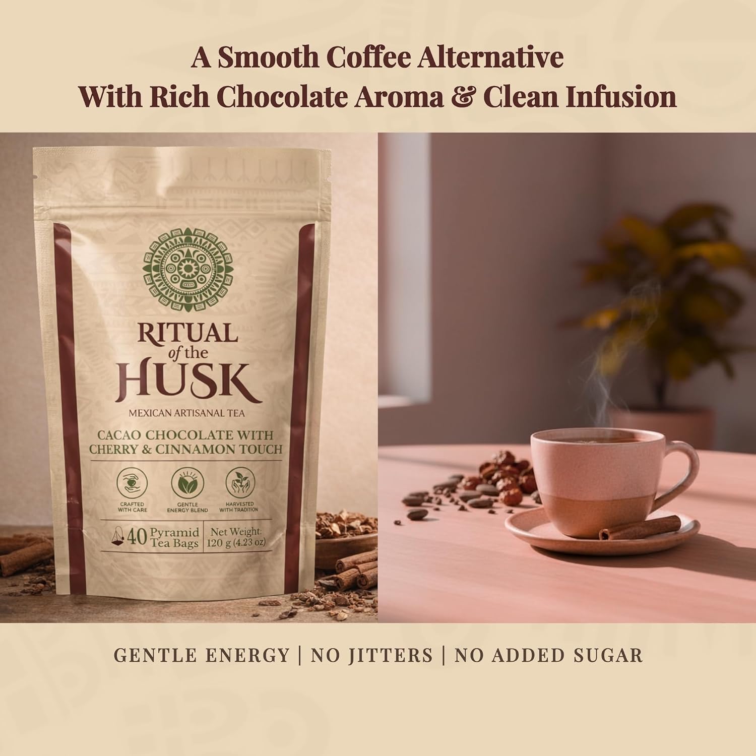 Cacao Husk Tea – Chocolate Herbal Tea, Caffeine Free Coffee Alternative, Cocoa Shell Tea, 40 Pyramid Tea Bags | TAKECARE4U