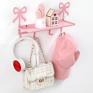 Wall Hooks with Shelf Pink Bow Key Holder Metal Coat Clothes Rack Wall-M...