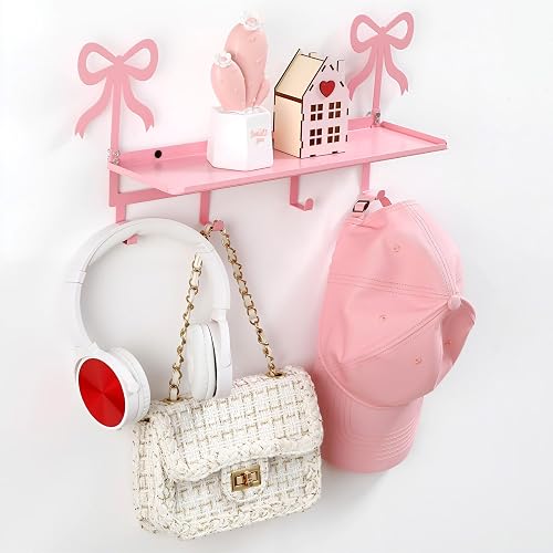 Otoolling Wall Hooks with Shelf Pink Bow Key Holder Metal Coat Clothes Rack Wall-Mounted Entryway Hanging Shelves with 5 Metal Hooks Cute Coquettish Room Wall Decor for Nursery Room Bedroom Kitchen