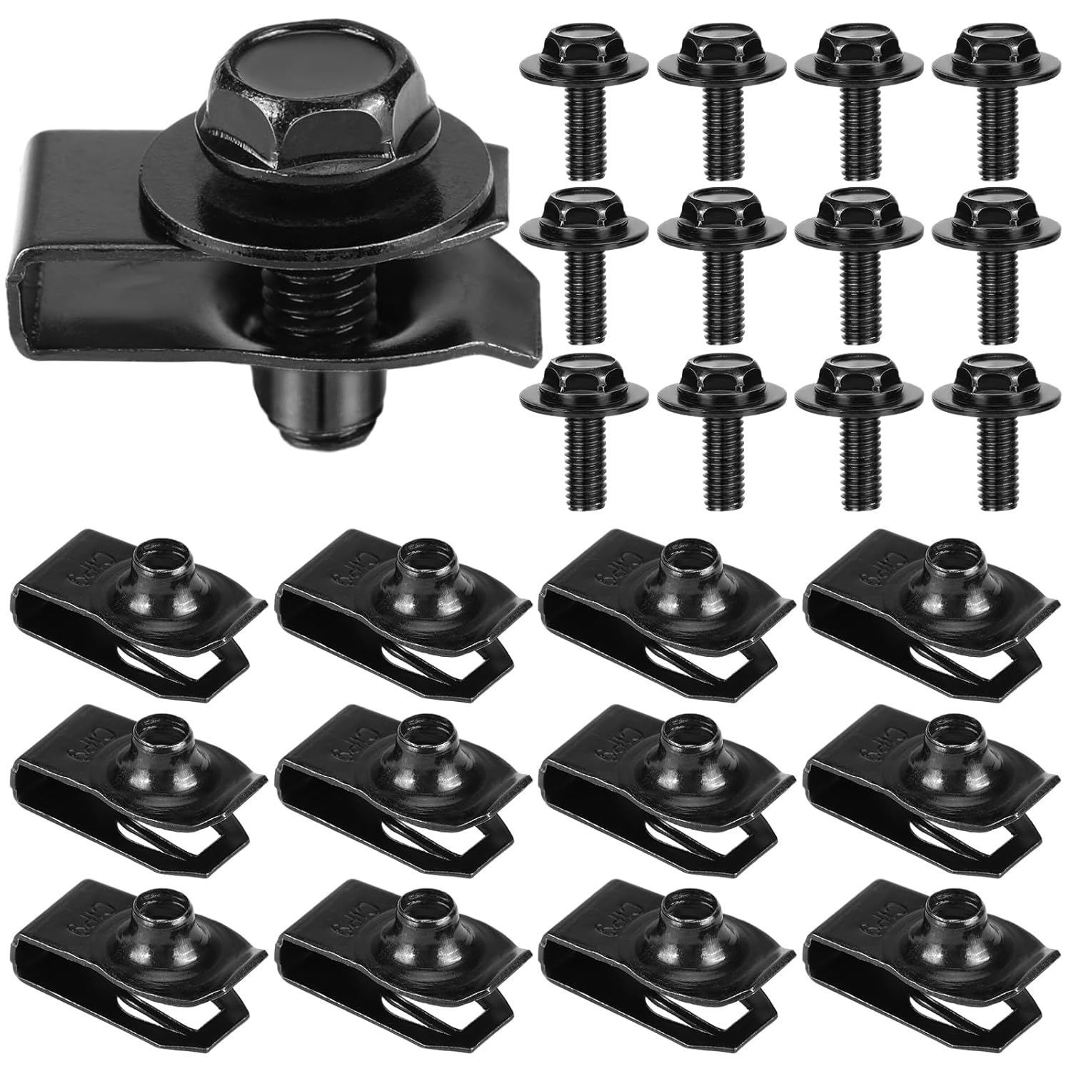 Tandefio 12 Sets M6-1.0 Bolts with U Shaped Clips Metal Body Bolts Screws Extruded U Shaped Clips for Automotive Bumper Panel Hood Radiator