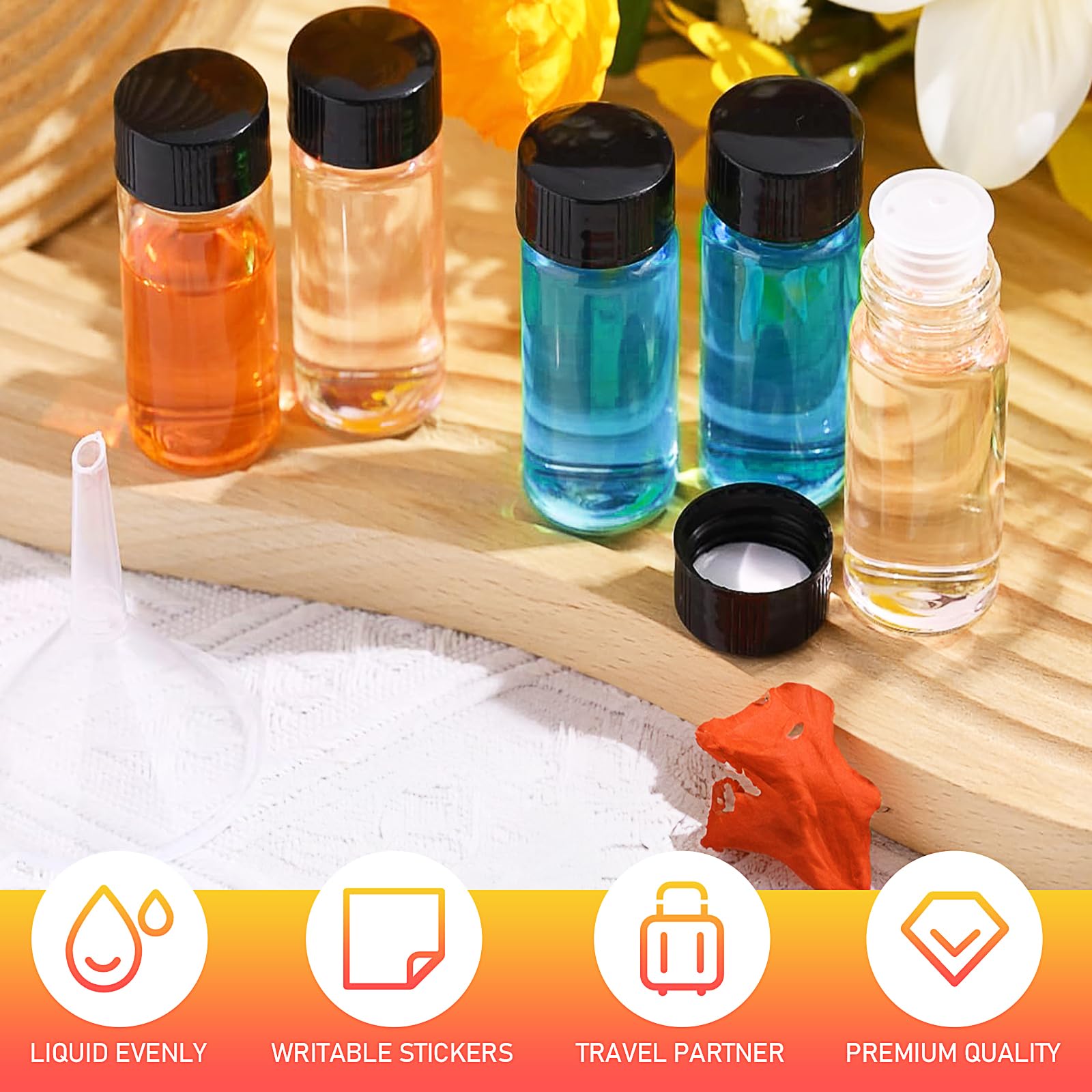 Confezione da 100 flaconcini in vetro trasparente da 20 ml, piccoli flaconi vuoti per campioni con tappo a vite e tappi, mini contenitori per reagenti a prova di perdite, con 10 imbuti per oli