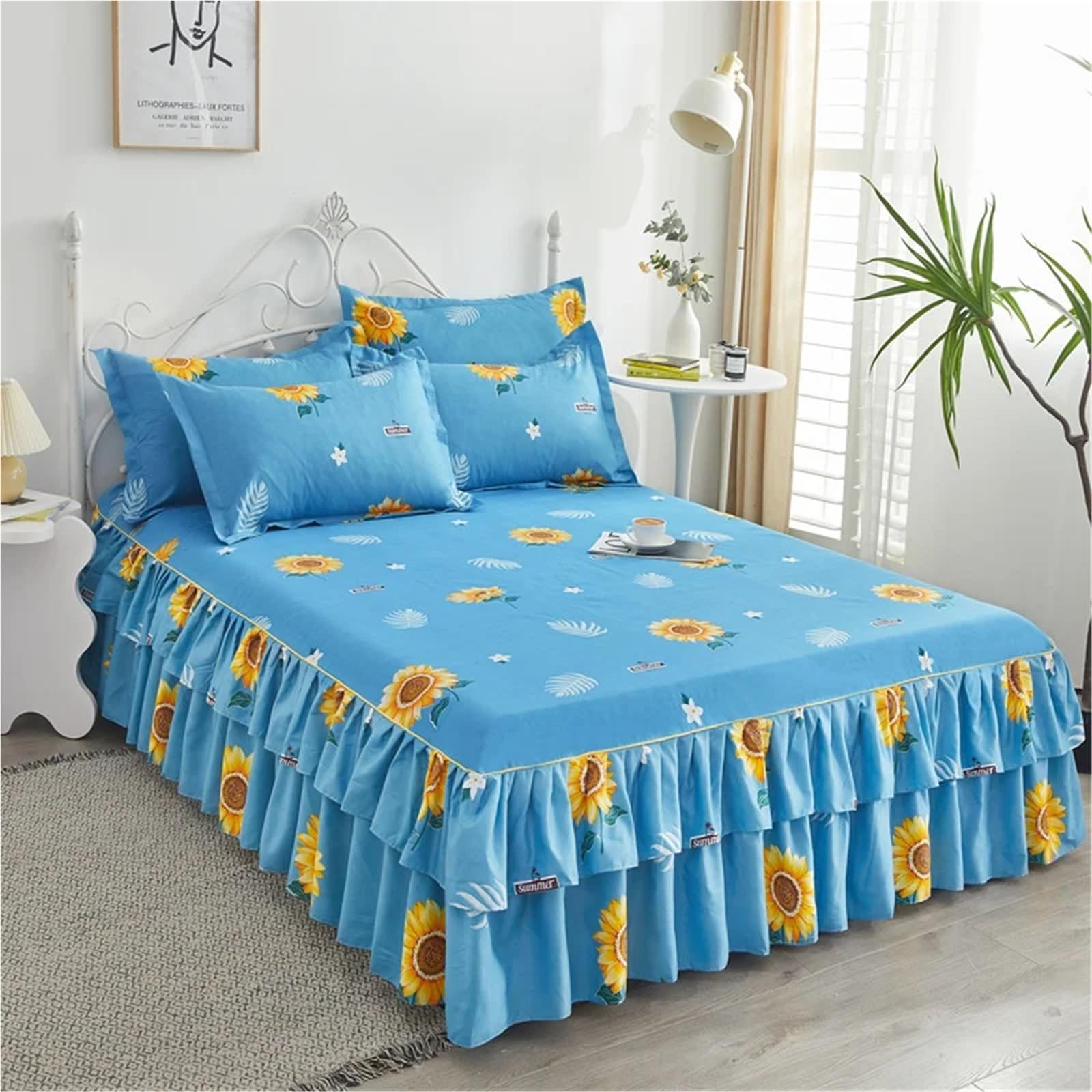 3pcs Bedding Simple Flower Bed Skirt With Pillowcases Wedding Bedspread Bed Sheet Mattress Cover(Color-17,3pcs 180x200cm)