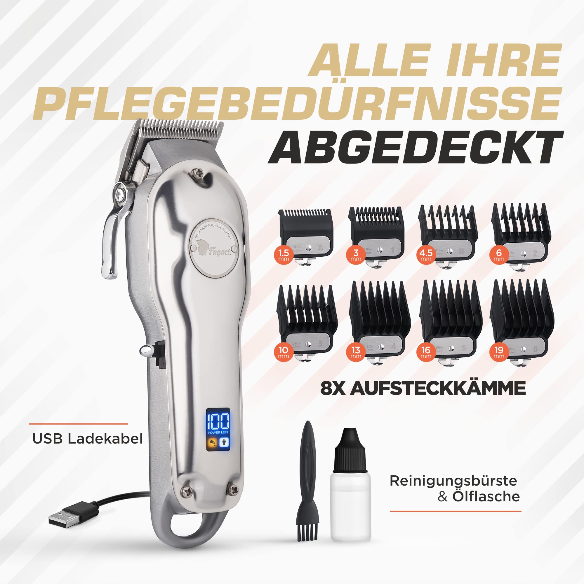 Fagaci Haarschneidemaschine Profi Herren, Edelstahl 440C Friseur Set | Kabellose Haarschneidemaschine, Edelstahl 440C, starker Motor, 5 Std. Akkulaufzeit, 8 Aufsätze, Öl, Bürste und USB-Kabel