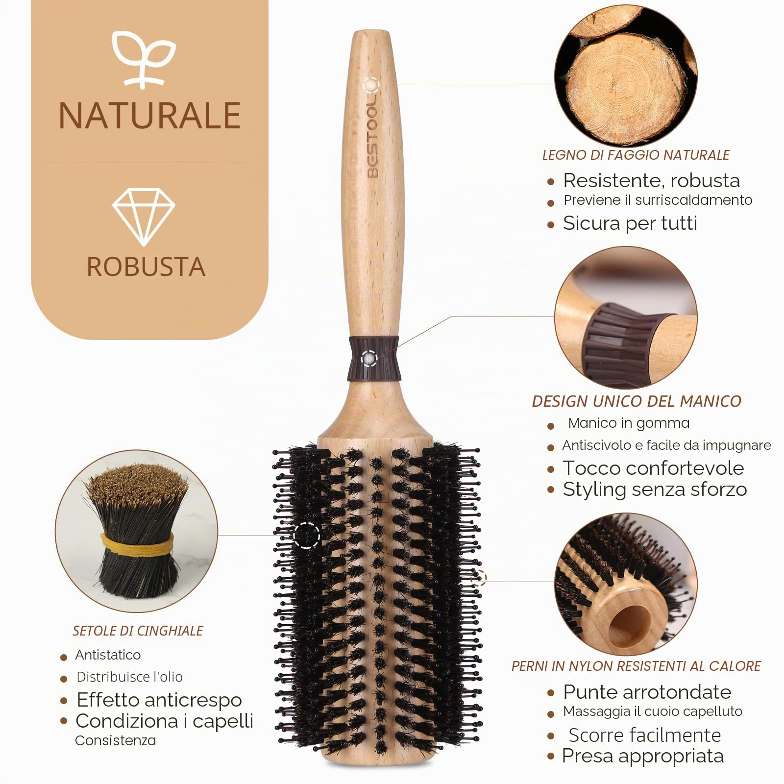 BESTOOL Spazzola rotonda per asciugatura, setole di cinghiale con perni in nylon Spazzola rotonda per capelli, spazzola professionale per lo styling per donne e uomini (Barrel 38mm)