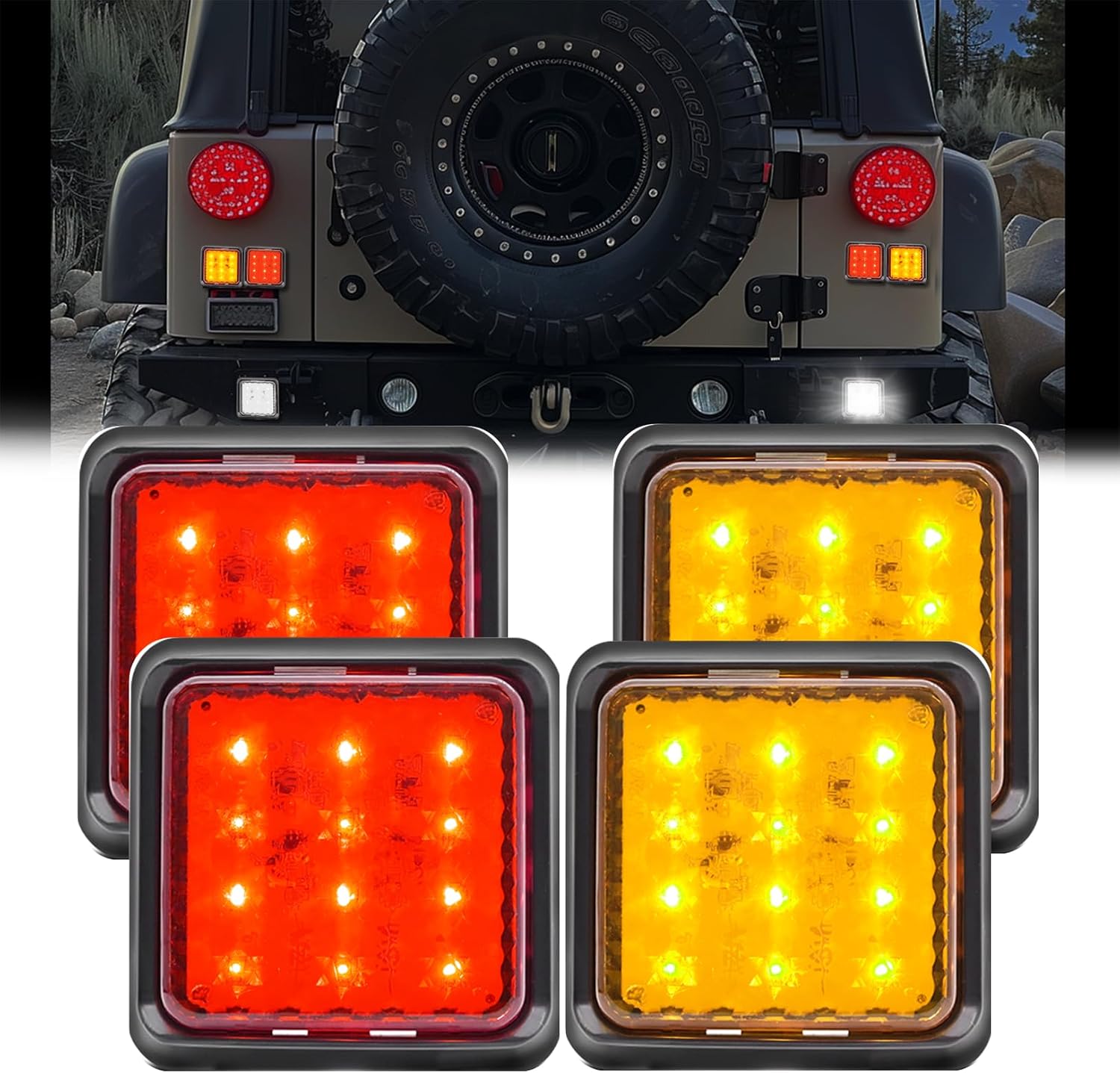 Ourbest Truck Side Marker Rear Lights 4Pcs, 4" Multi-functional High/Low Beam Square Stop/Marker/Indicator Carvan Towing Trailer Tractor Offroad Cart Lorry RV Light Reflector 12-24V (2Red2Yellow)