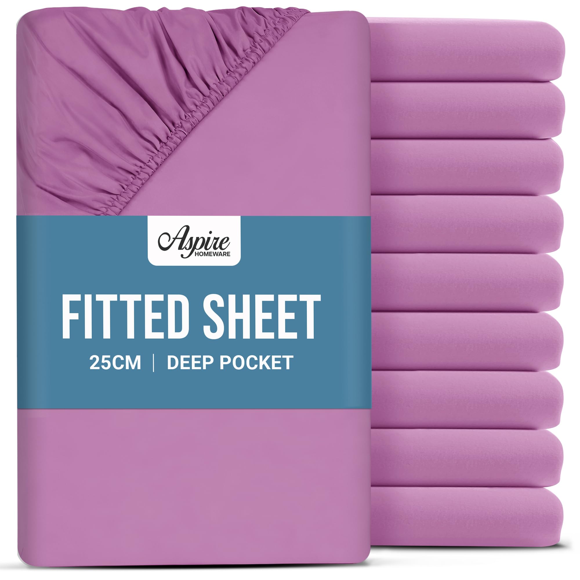 Aspire Homeware King Size Fitted Sheets 10 Pack - 25 cm Deep Hotel Quality (Purple) Bed Sheets - Soft & Breathable Fitted Sheets King Size - Anti-Wrinkle Easy Care Fitted Sheet
