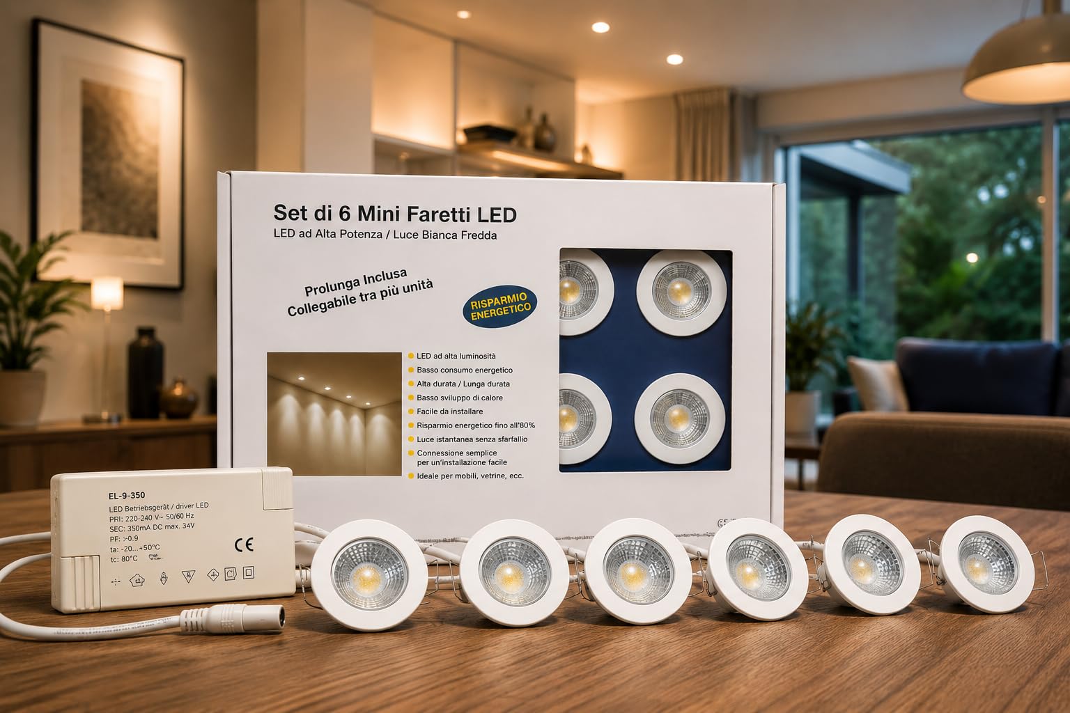 Generico Set di 6 Mini Faretti LED da Incasso, 1,2W per Spot, Luce Bianca Calda, Foro 40 mm, Driver EL-9-350 Incluso, Collegabili, Basso Consumo, Made in Germany